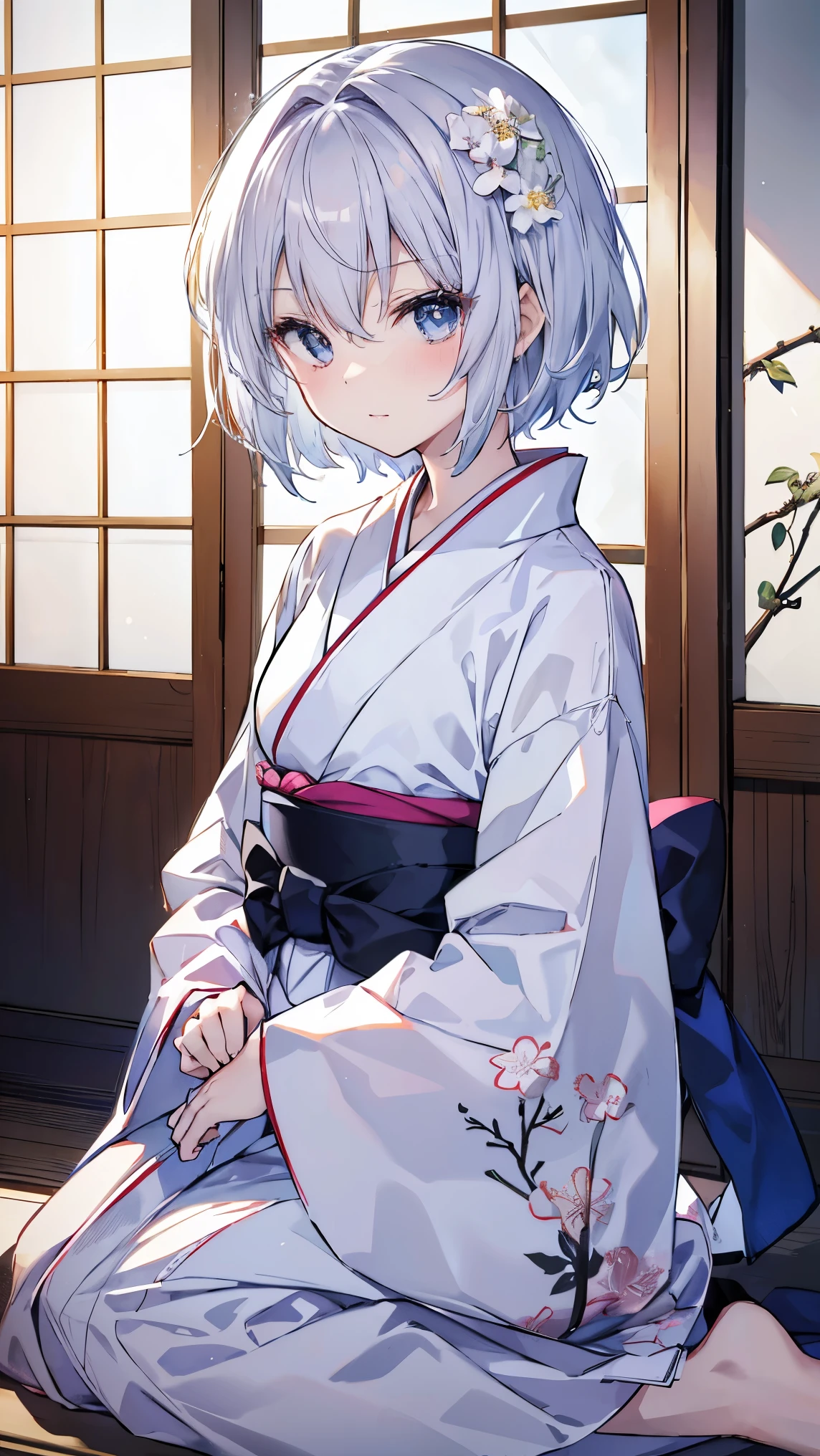  top quality、、(Whitening skin)、 Silver Hair、 very short hair 、 light blue eyes、Petite、 Slender、( kimono、Hakama, kimono、Floral,)、Small breasts、Japanese-style room,赤い頬