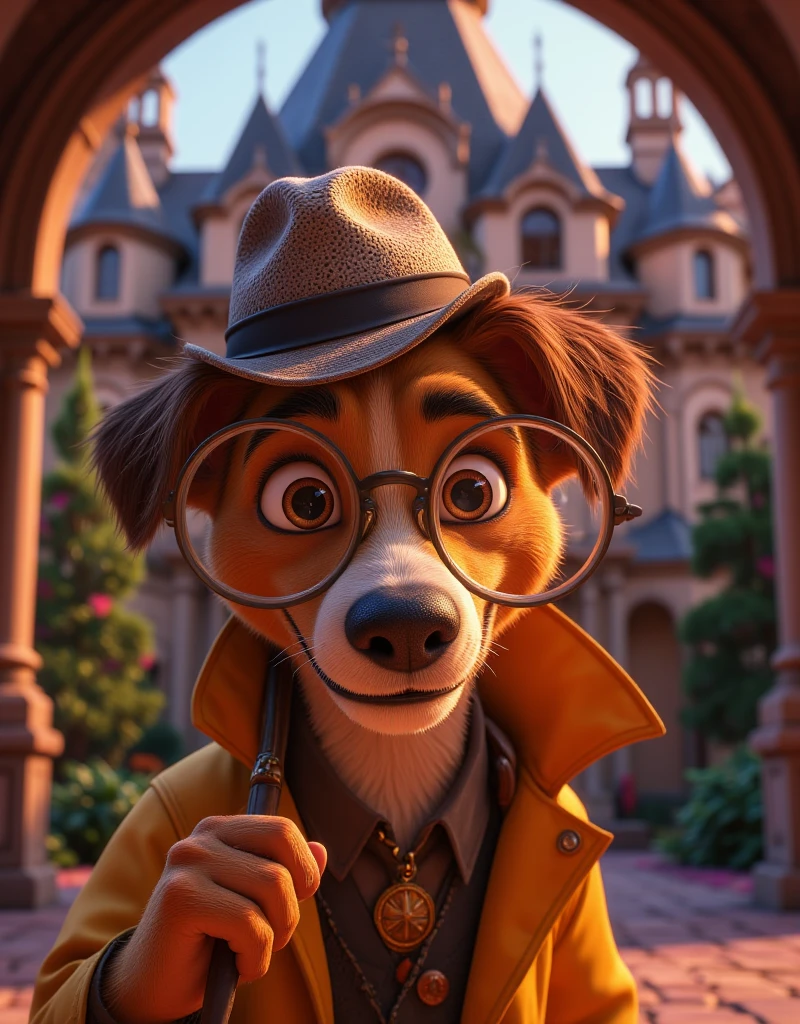 ((UHD,8k render,Cartoon style,Pixar style))  close-up, , a funny funny dog ,  in the clothes of a 1960s detective wearing a hat and raincoat looking at us( into the camera through a large magnifying glass held in his paw , against the background of a mansion ,  funny style ,cartoon style, maximum quality ,dog detective 
