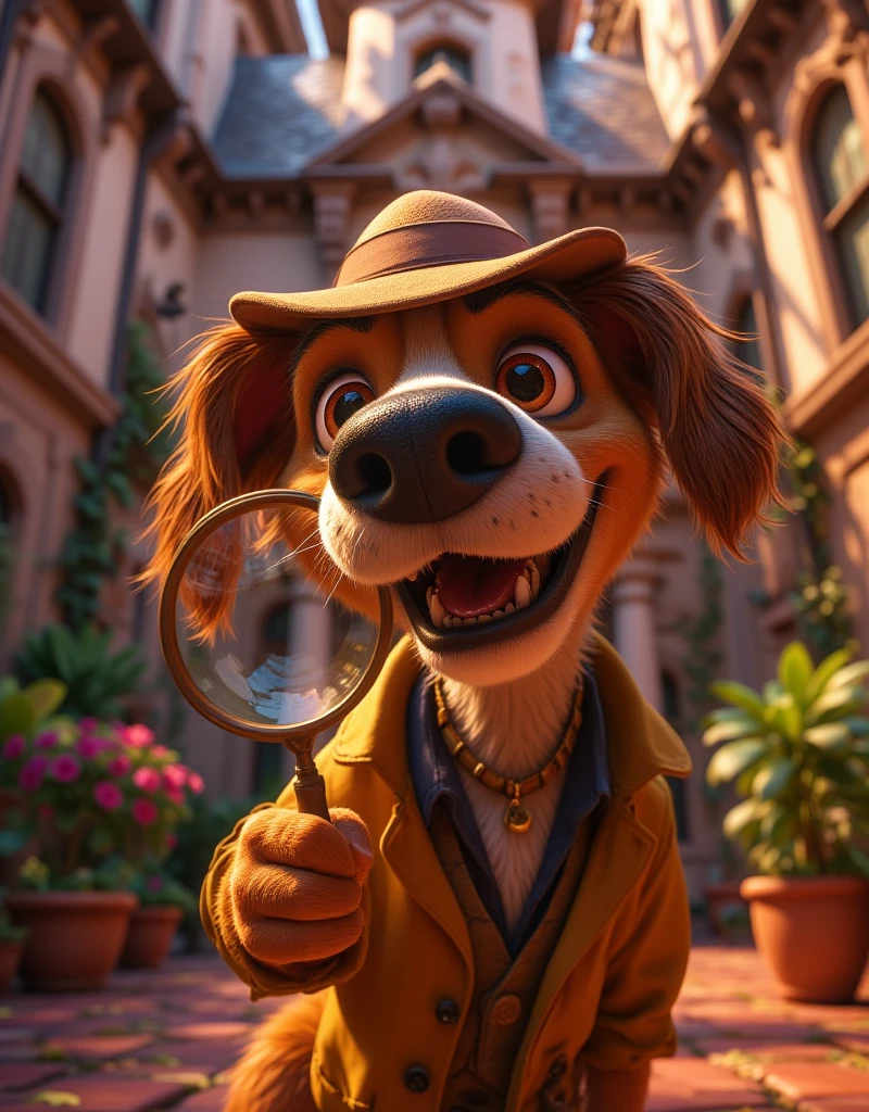 ((UHD,8k render,Cartoon style,Pixar style))  close-up, , a funny funny dog ,  in the clothes of a 1960s detective wearing a hat and raincoat looking at us( into the camera through a large magnifying glass held in his paw , against the background of a mansion ,  funny style ,cartoon style, maximum quality ,dog detective 