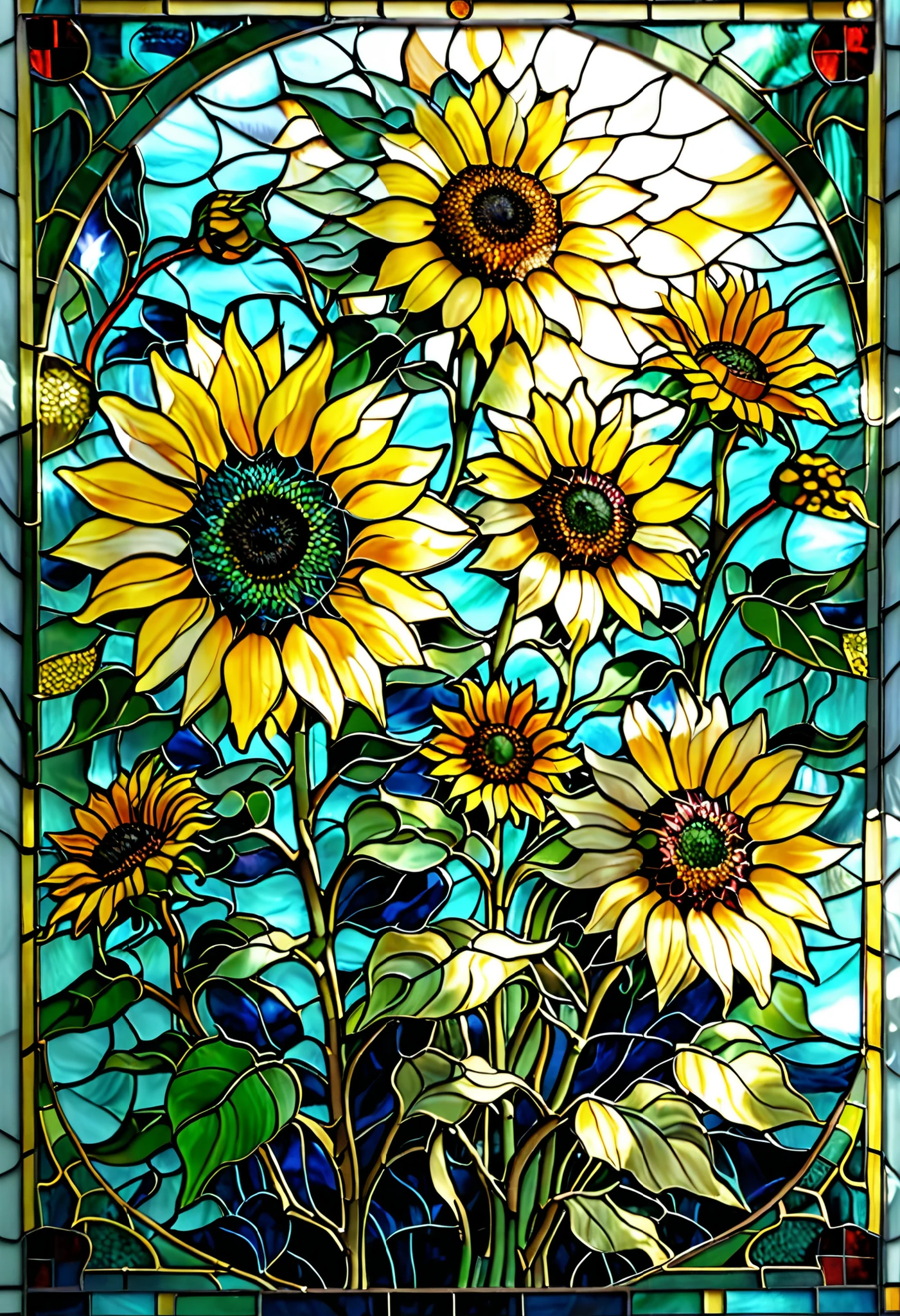 beautiful stained glass style of sunflowers 。 close-up。 delicate details and vivid colors 。The petals are golden yellow with a subtle orange gradation。 Leaves and stems are vibrant green 、 Soft light penetrates 。 is applied, and the background consists of blue or turquoise mosaic glass with the image of the sky、 creates a fantastic atmosphere 。Graceful composition 、 Dynamic curves and harmonious flower arrangement 。 High precision、 high res、 artistic style 、 Realistic Lighting 、 stained glass window-like effects 。
