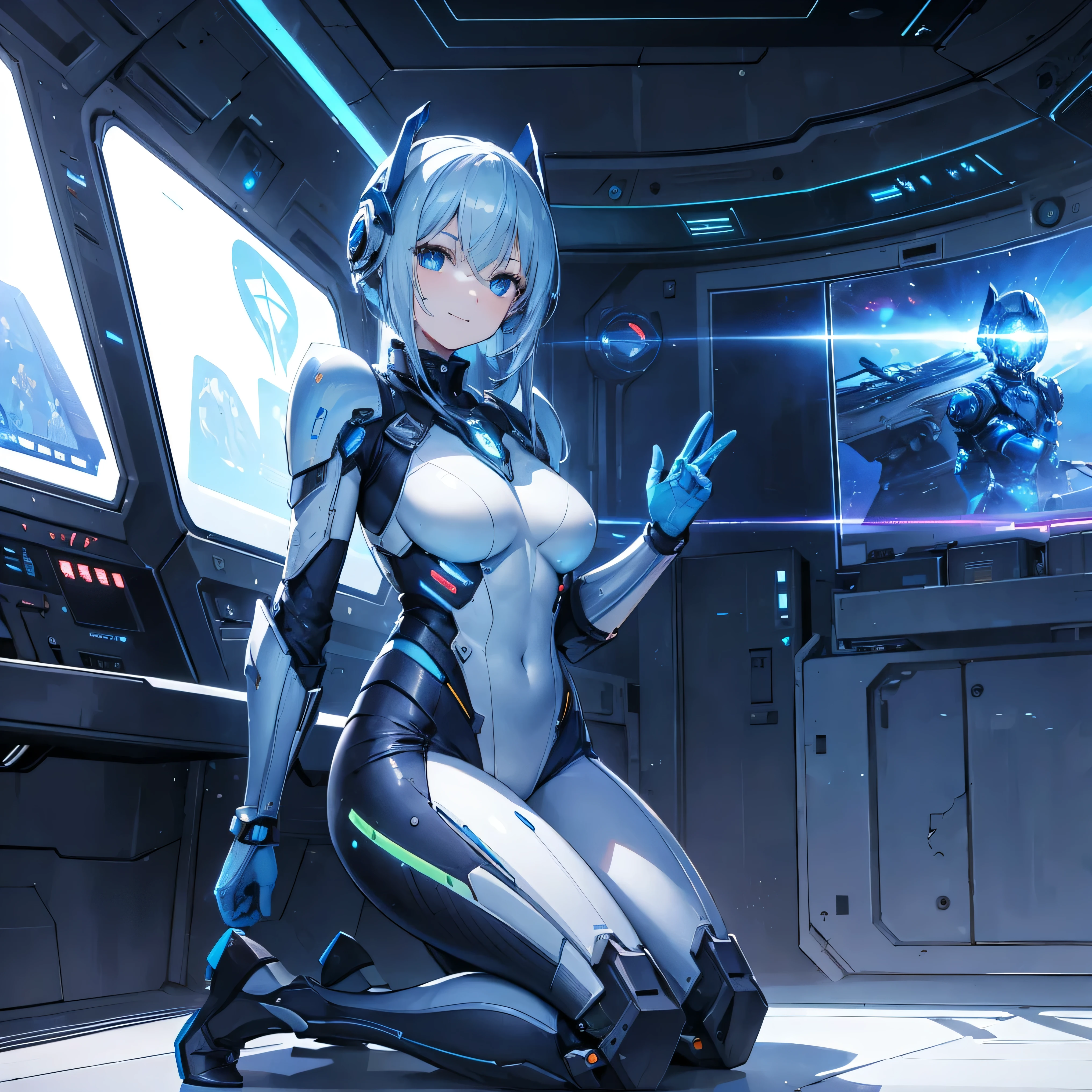 ((highest quality)),(ultra high resolution),(Super detailed),(detailed description),((best CG)),(best work of art),super precision art,great drawing art,(Sci-fi art with precise details:1.5), (1 woman:1.6),(beautiful and well-shaped face:1.5),smile:1.7,((A complex mechanical body with intricate details:1.5)),(Luminous body embedded in the body:1.7), (she is standing in the control room:1.8),(robot arms surrounding her:1.7)