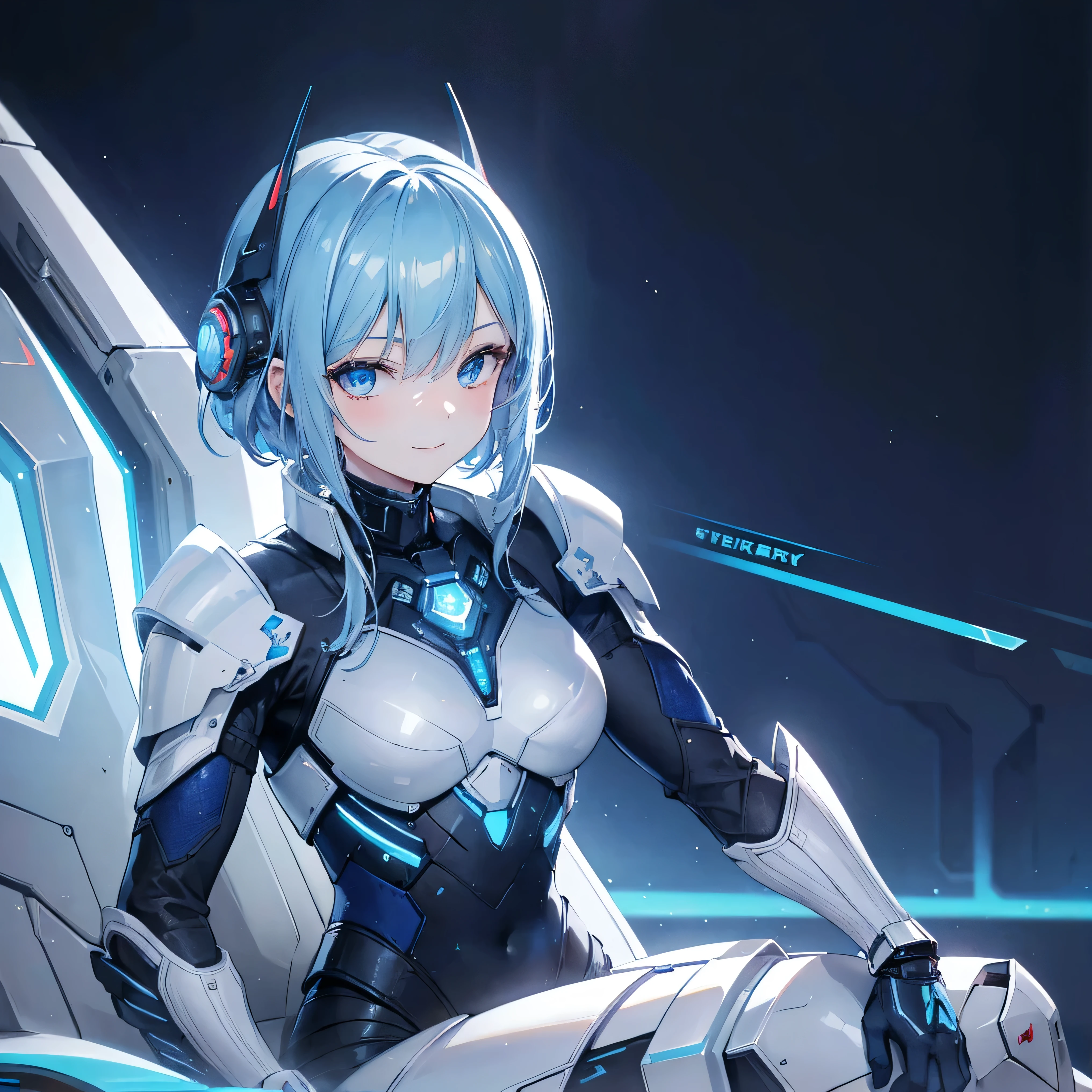 8k, top quality, (Genuine:1.4), original photo of , in the seat, Asari Hair, smile,female style, cute,Biological Amplifiers, Refined Armor, Refined futuristic wartime helmet, posture: Peace Talks between Combating Factions , Smart Blue Eyes ,Kneel