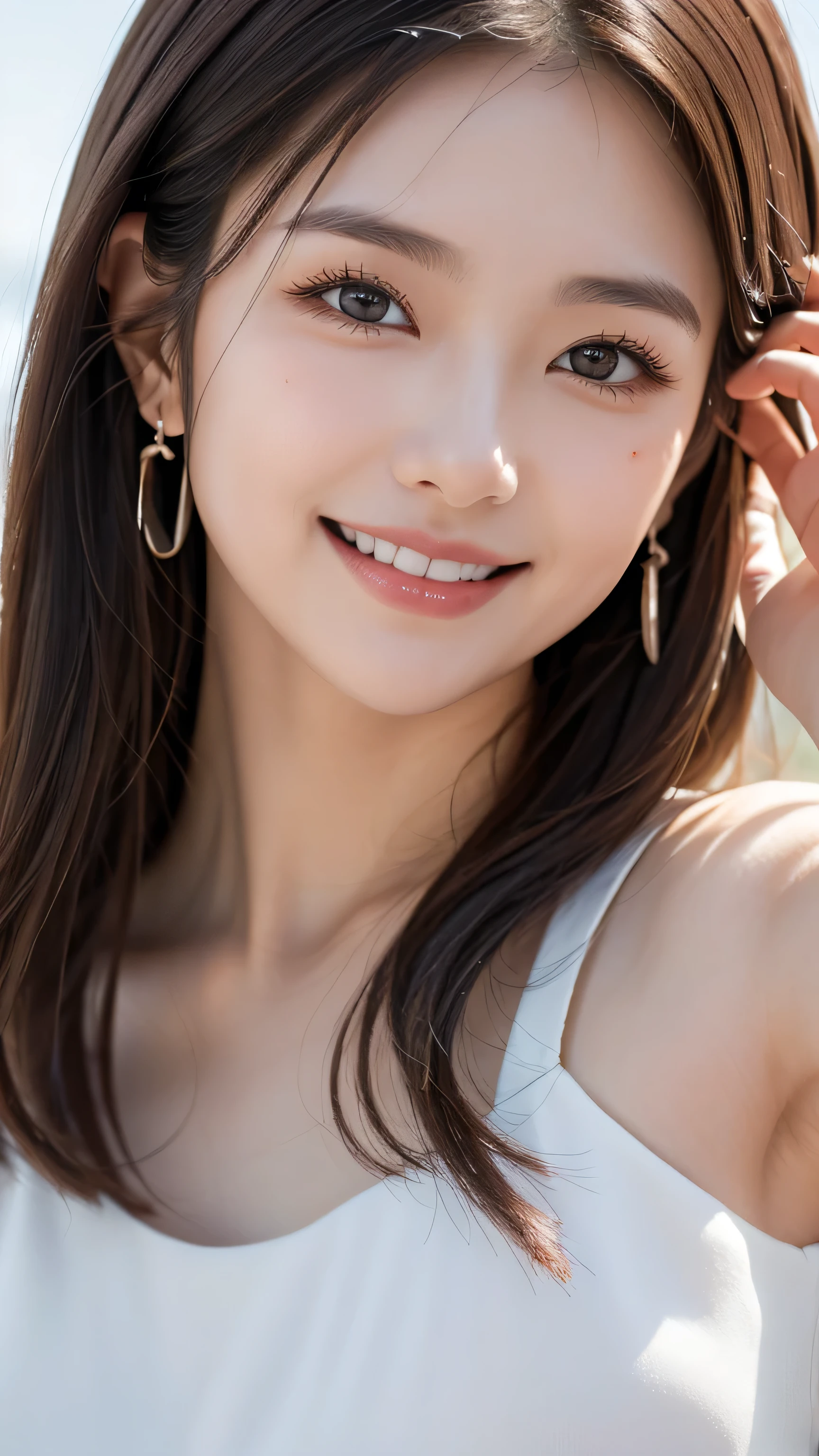  top quality,8k,  very detailed,  in fine detail,  high res, 8K wallpaper,  perfect dynamic configuration,  Detailed Eyes ,  beautiful eyes、 looking at camera、 perfect dynamic configuration, Big beautiful eyes, beautiful face,Fine hair,  realistic skin texture in every detail ,  model body type、 slender body that wipes away underarm sweatー、A tight, slim waist、whole body, Well-balanced beautiful face ,  beautiful face, Realistic and beautiful skin Ultra high resolution,  high quality , slender body that wipes away underarm sweatー、 slender body that wipes away underarm sweat、 thin body、 looking at camera、  super real、 very detailedな顔、White teeth、White teeth、 thin body、whole body image、 small bust、Small Mouth、whole body image、 slender body for a slim stomach、 small hips、Beautiful white teeth 、Beautiful white teeth 、 earrings、 beautiful brown hair 、Disheveled Hair、 sparkling eyes、 beautiful fingers for cows、  super real、 photography、REAL SKIN TEETH 、Beautiful Japanese woman with dark eyes 、 realistic pictures、 kind expression、
