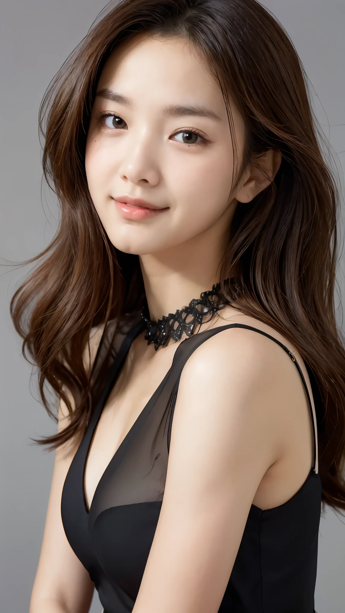 table top, highest quality, realistic, Super detailed, finely, High resolution, 8k wallpaper, 1 beautiful woman,, light brown messy hair, He is wearing a black see-through dress shirt with an open collar., sharp focus, perfect dynamic composition, beautiful and detailed eyes, thin hair, Detailed realistic skin texture, smile, close-up portrait, model body shape、president&#39;s secretary、mini skirt、high heels、whole body