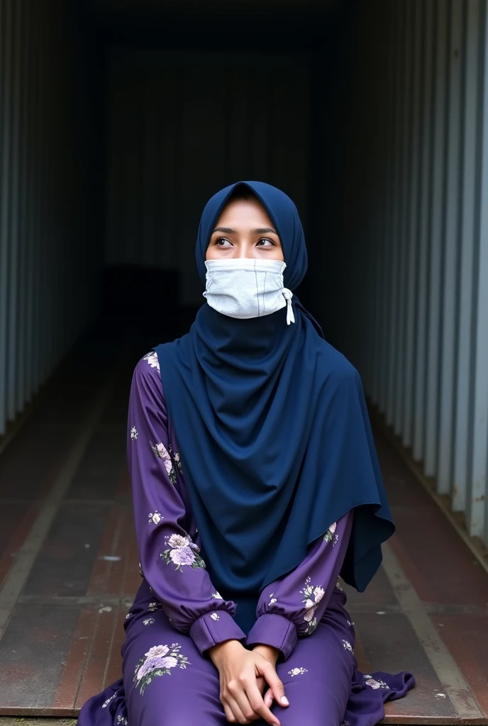 a bangladeshi street road, beside road there are rarely buildings. a slim woman is coming ahead, she is wearing white hijab, sky-blue dress, she has a face mask and eye-glasses. she has a bug in her two soilder. she open her black umbrella at noon. she is coming towards. Her frame of eye-glasses in color of water.