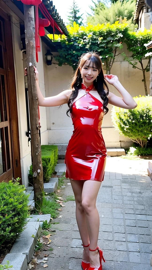 (Best Quality, 8k, 32k, Masterpiece, UHD: 1.2), 1 Girl, Beautiful Japan Woman,(squatting),behind head,, {spread legs}, bow-leggedness, Crab crotch,slit,(thighhigh),China dress,