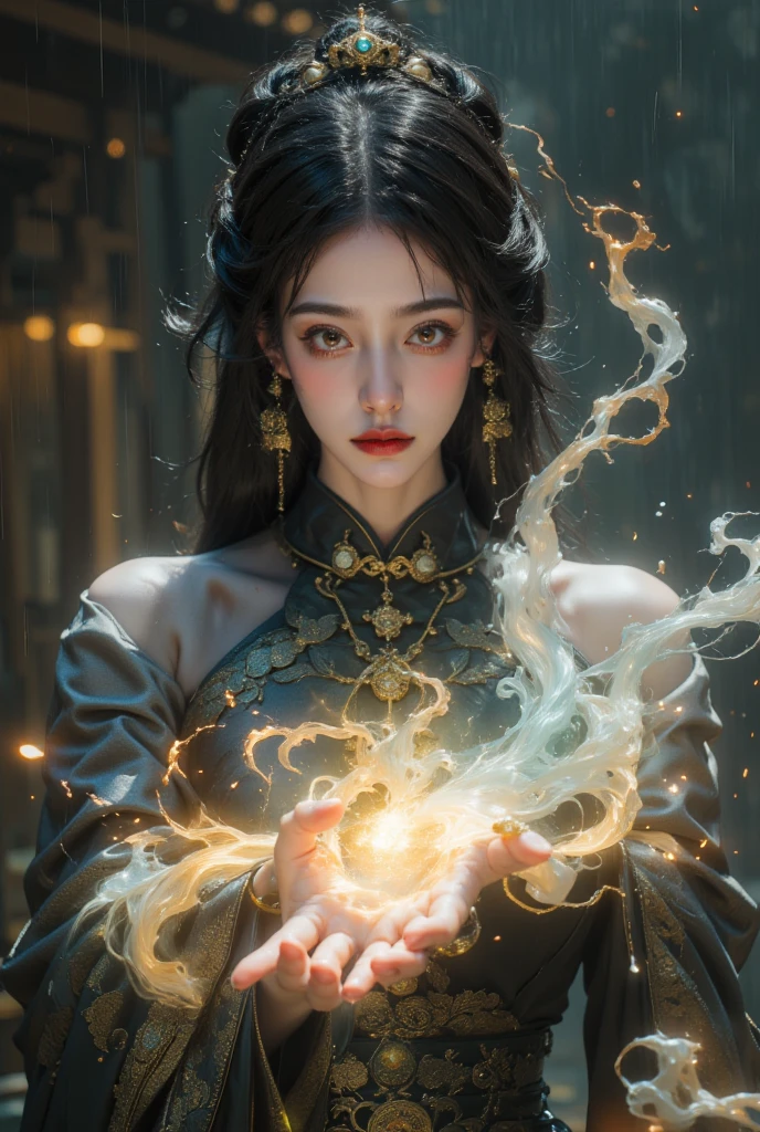 Magic. Casting a spell. Her hand wrapped in an aura of magic portal ...