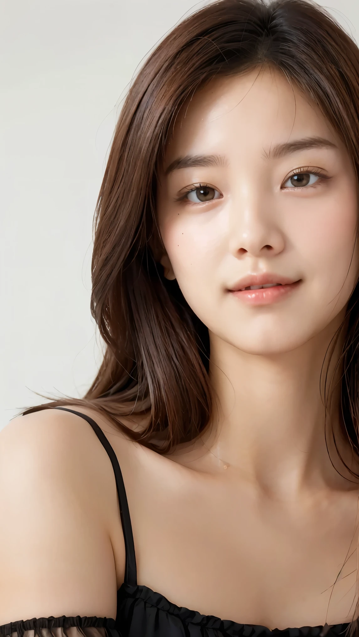 table top, highest quality, realistic, Super detailed, finely, High resolution, 8k wallpaper, 1 beautiful woman,, light brown messy hair, He is wearing a black see-through dress shirt with an open collar., sharp focus, perfect dynamic composition, beautiful and detailed eyes, thin hair, Detailed realistic skin texture, smile, close-up portrait, model body shape、president's secretary、mini skirt、high heels、whole body
