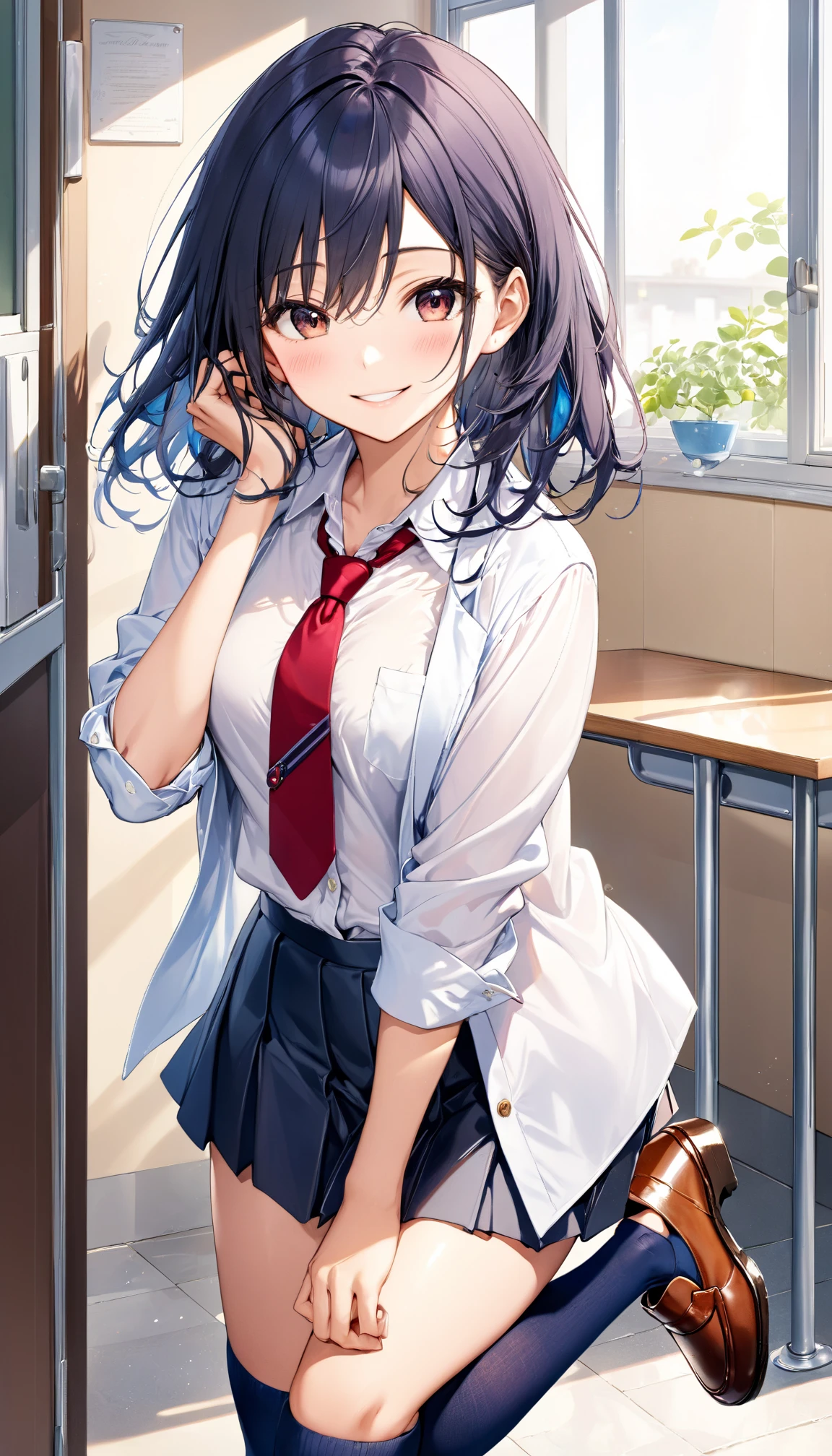 looking ahead,from above,Stanging,handjob,Grabbing a white dildo,side view,face focus,open mouth,tongue out,cum on tongue,(1girl,Beautiful 14 year old girl),((Slender,Small breasts,Baby Face,Small face,)),looking at viewer,Black Hair,bangs,two side up,Gray Eyes,Drooping eyes,slit pupils,narrow eyes,,Short sleeve shirt,Grey checked tie,Grey checked mini skirt,Navy blue socks,Beautiful and detailed anime art,Mischievous smile,Dimly lit room,Simple Background,Gray background,Low lighting