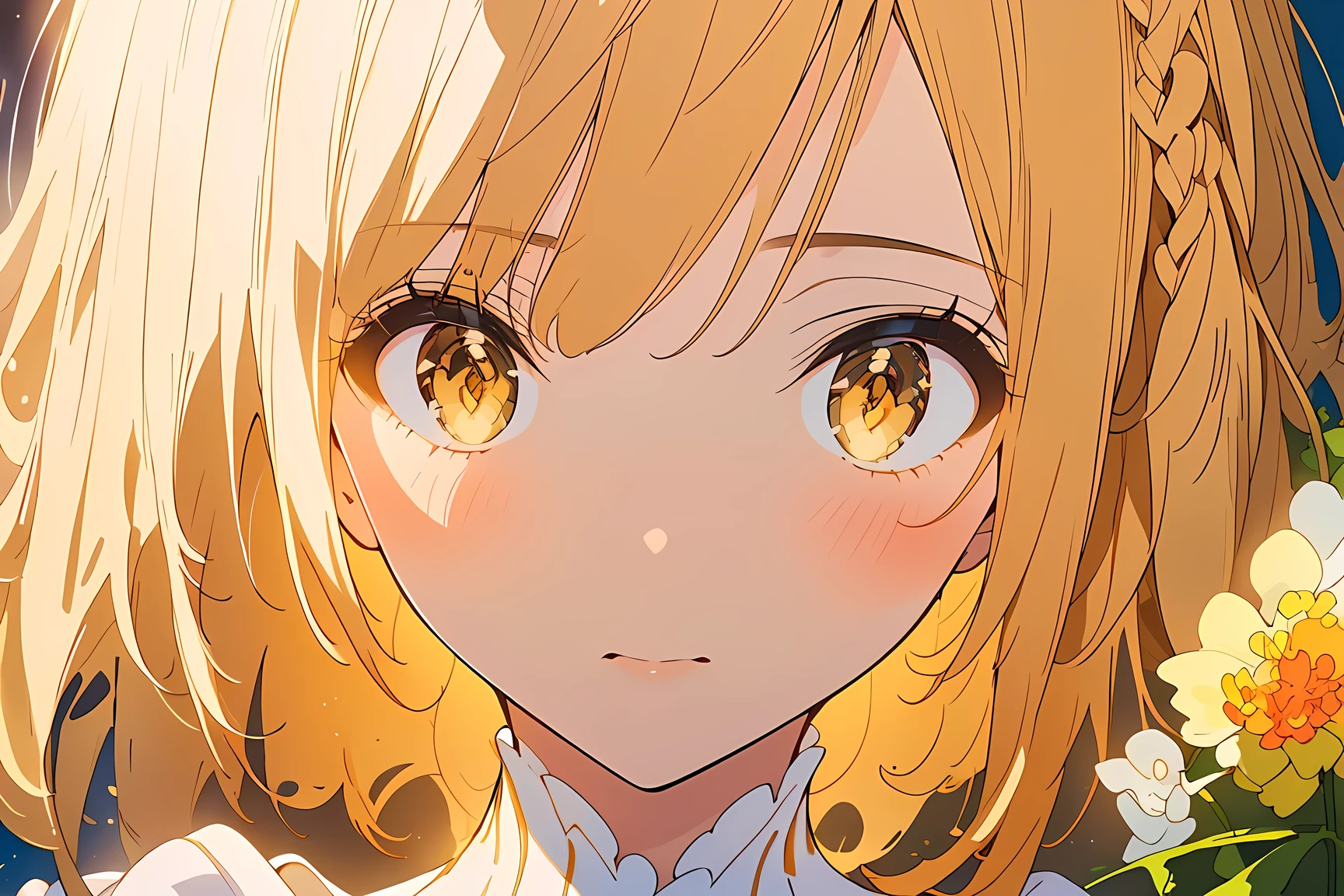 ((best quality)), ((masterpiece)), (detailed), perfect face, ((Best quality, 8k, Masterpiece: 1.3)), Sharp focus A beautiful woman, Highly detailed face and skin texture, Detailed eyes, Double eyelid, A girl with a large flower decoration in her hair, hibiscus, phalaenopsis, dahlia, yellow hair, from below, cowboy shot