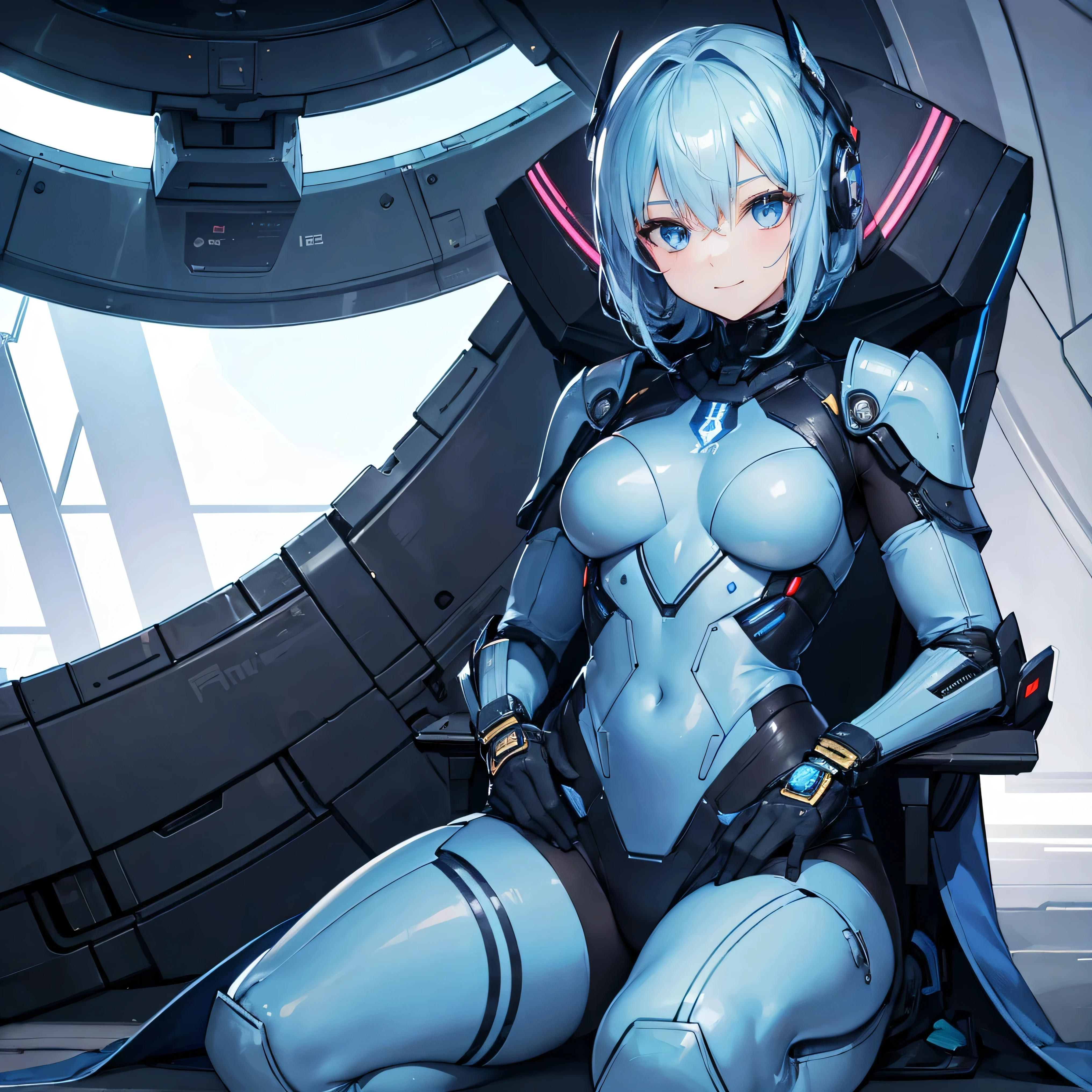 masterpiece, highest quality, highest resolution, clear_image, Detailed details): (alone, lonely girl, Japanese face, Blue-haired girl, short hair, full body figure, large size of breasts, Glowing blue colored eyes, White and blue pilot suit in metallic tones, black color, tight fitting clothes, clothes that cover the whole body, beauty, A body of about 70 kg, exoskeleton, knee boots, heroine, On your back, spread legs, Arm-length gloves, headset)