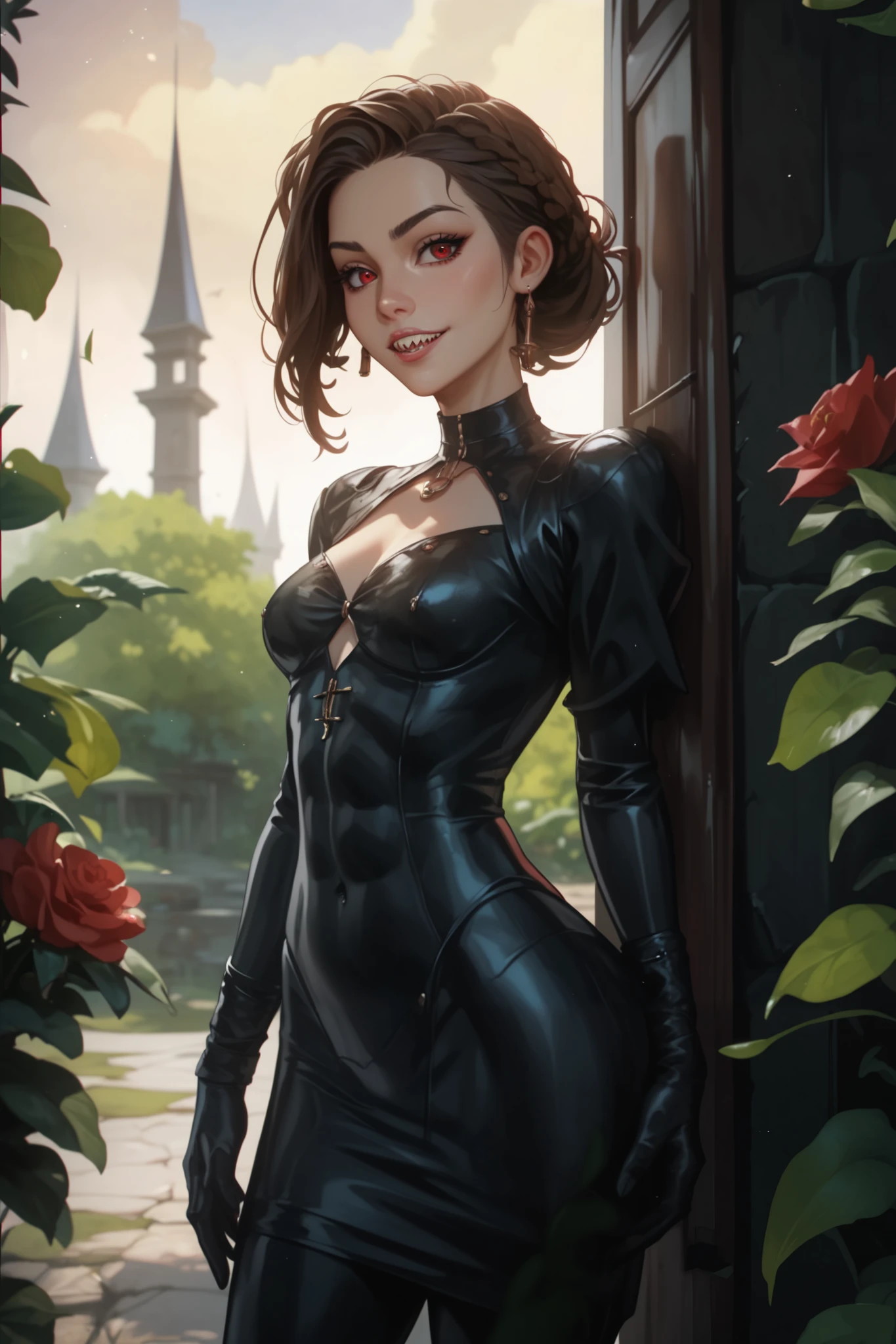 1 woman, age:45, wearing a skin tight long dress without and sleeves. The dress has a pretty deep neck cut. The dress has 1 slit on both side till her waist, breast size is enormous, huge buttocks, very wide waist, unrealistic