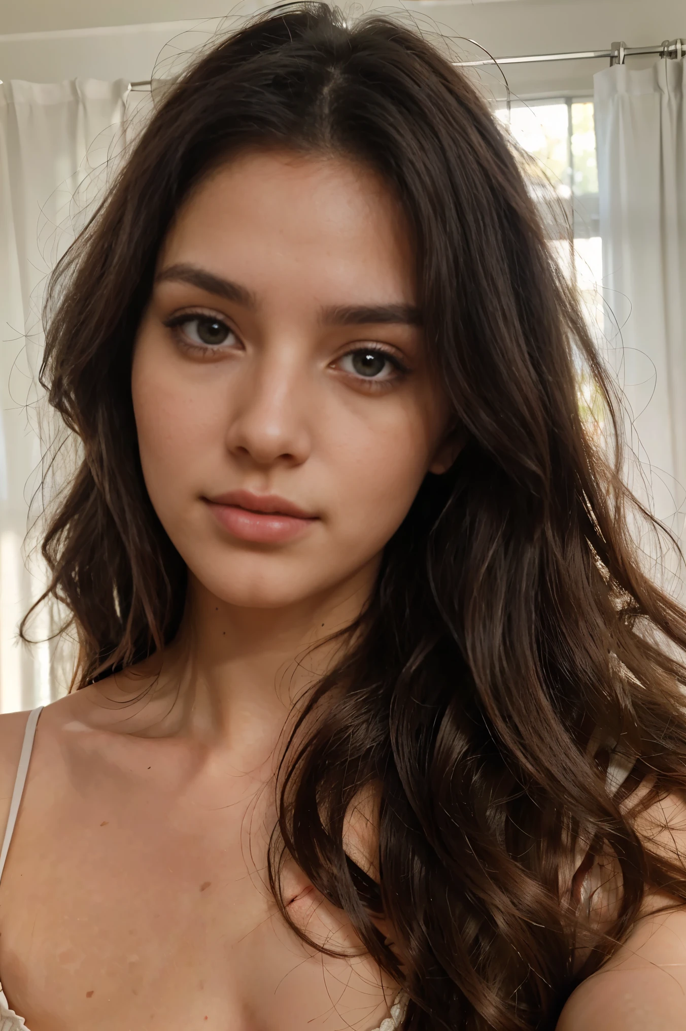 beautiful 20 year old woman, 170cm tall, 60kg weight, white skin, long curly dark hair, light gray eyes, natural morning light, close up shot, looking directly in the camera, very detailed, analog style