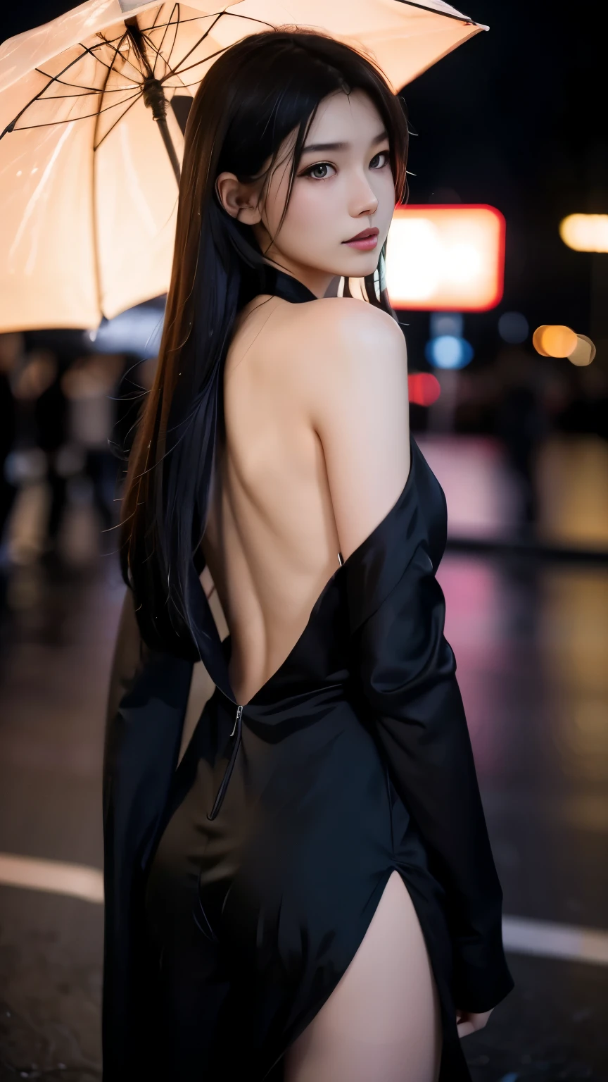 a girl,wearing black dress,standing in the rain,black silk jumpsuit,back view,She let her hair down,caught in the rain,Covered in rain, night,Heavy traffic,neon lights,clothes are transparent, There are tears in the corners of the eyes,Sad, Lovely, Lovely, young, ager. she is very slim, thin and long,Camera Focused on her Face, light shining on her Face, very wide aperture, ((F/1.2)), shallow depth oF Field, The background shot is severely blurry, ISO 3000, Auto white balance, Very detailed, proFessional lighting, soFt light, original photo, Uniqlo Fashion models, best quality, masterpiece, Award-winning photography, huge File size, 8k, high resolution, Shot with a Sony DSLR camera.