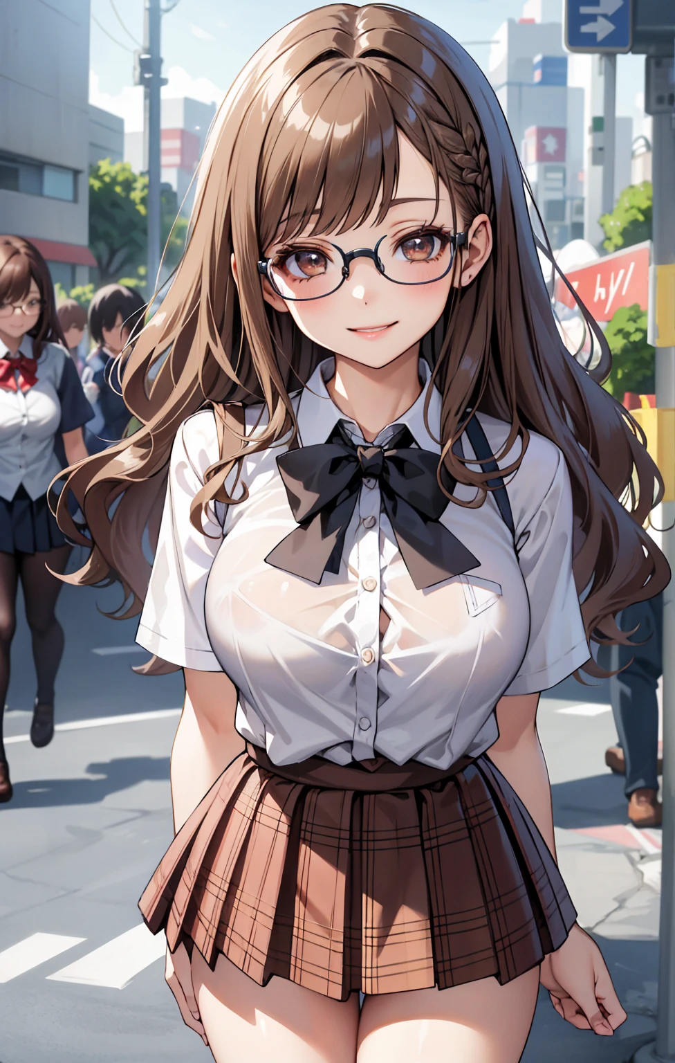 highest quality、High resolution、Detailed Background、(Beautiful face in every detail:1.4)、Anatomically correct、(Detailed facial expressions)、(Detailed eyes:1.2)、Teenage beauty、(Highly detailed face:1.4)、(Huge breasts:1.1)、Cute hair colour、Bobcut、Braided Ponytail、well-groomed eyebrows、Accentuate your breasts、Glasses、White Sailor Suit、Light blue sailor collar、School Cardigan、Checkered pleated mini skirt、White Stockings、On the way to school、Wait for the train at the station platform、(Two beautiful girls having fun:1.5)、Laughter、smile、sexual expression、Please show me your whole body、Playfully hugging、Cute gestures
