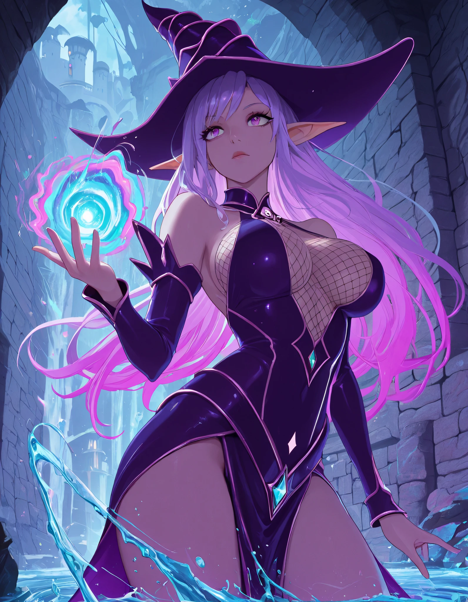 anime_screencap, score_9, score_8_up, score_7_up, score_6_up, score_5_up, score_4_up, Anime, (masterpiece), best quality, stunningly girl, (masterpiece), High quality, high resolution, Beautiful Wizard Magician, performing a WATER spell, one-piece_strap dress, WATER magic, fantasy, Epic CASTLE TOWER, STONE walls in a TROPICAL ISLAND. Great light source. Cinematic. Sci fi. 90's anime. Best quality. cute, sexy, long eyelashes, vibrant and colorful, Squeezing breasts, far wide shot, (pointy_breasts), ((frontal shot)), glamour, fishnets, COWBOY SHOT, (saturated colors), (highres), wide view, cinematic 8k, UHD, (bioluminescence:1.1),