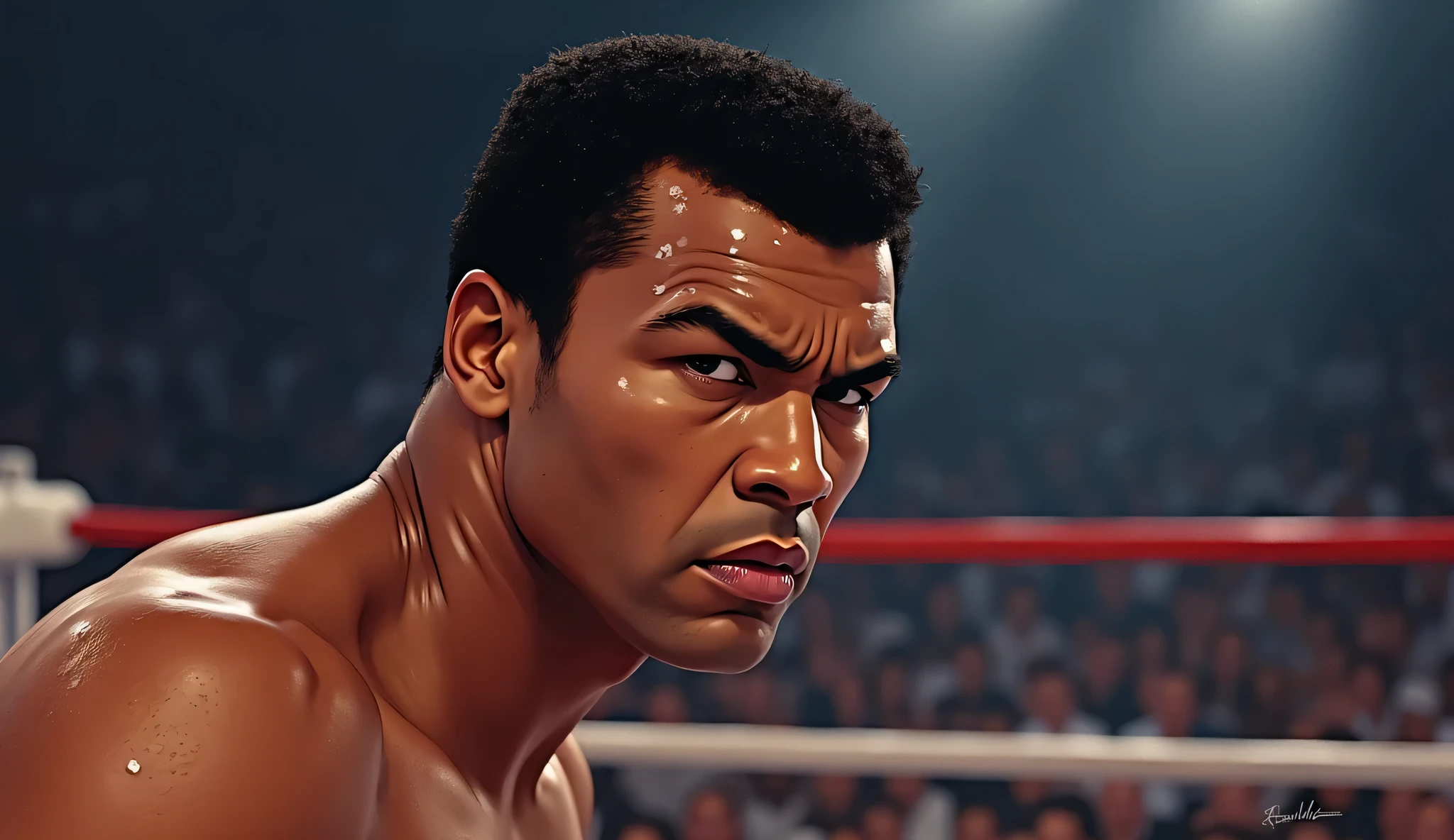 portrait, solo, upper body, dynamic camera angle, dynamic pose, looking at viewer, detailed background, detailed face, 1boy, man, Muhammad Ali, muhammadali, dark complexion, black hair, thick eyebrows, (expressive:1.2), (muscular:1.3), (wide_neck:1.2), baki, baki hanma, inspired by Keisuke Itagaki, <lora:sd-No.410cover:0.3> <lora:ARWMuhammadAli:0.8>