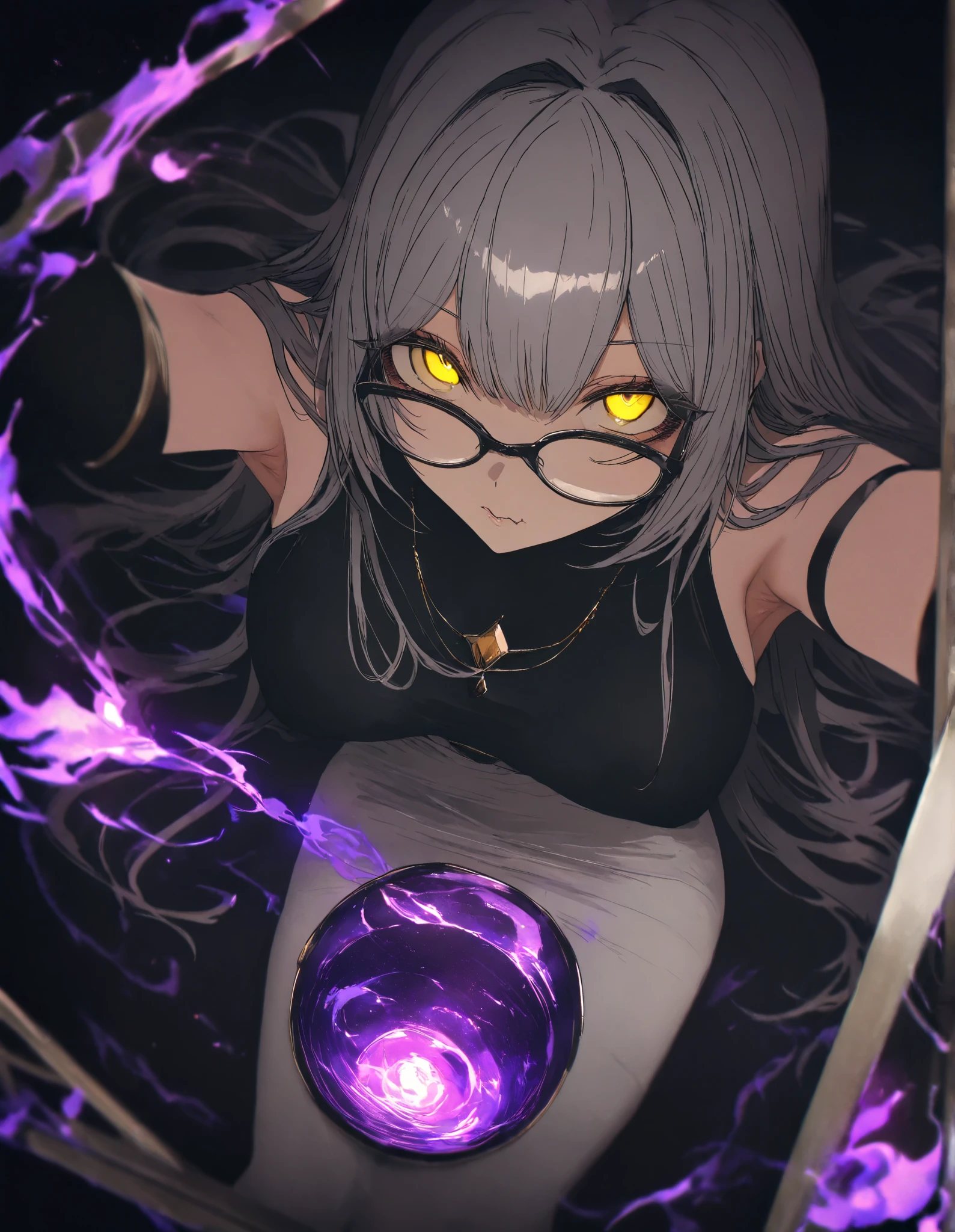 mirror、Glasses、glowing eyes、long hair, gray hair, masterpiece, top quality, very beautiful, absurd, with bangs, glasses, yellow eyes, yellow eyes, 眼mirror、by washiya0 ,  masterpiece, high score,   great score,   is ridiculous, 
 1 girl, Alone,   white skirt,  black shirt,  magic , dark aura , cherry blossom , Power lines,  sitting, Armpits Closed , Spread, dynamic pose where you can insert a penis, looking up viewer, ( from above:1.2), flabby lips ,  perspective,wind, abstract background,    black background ,Purple Flame
,blurry edges,  Film Grain,close_up, Color Difference, 
 