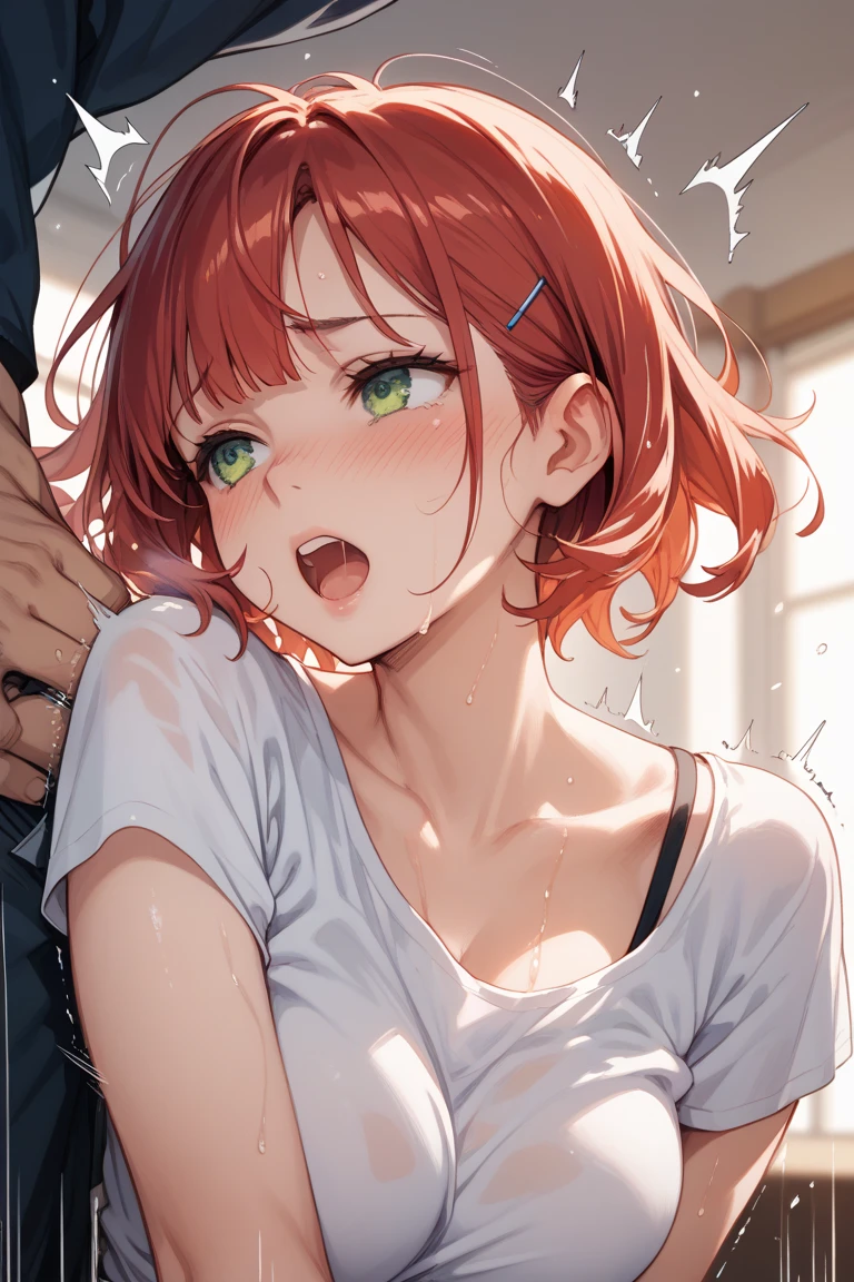 room, 1 Girl, Highest quality, Ultra-high resolution, Long Hair, Redhead, Green Eyes,Looking at the audience, Small breasts , Shy face、Watery eye, Open your mouth、Cowboy Shot、camisole、hot pants、Western-style room,On all fours、Backwards、look back, Face close-up、 (Fellatio gestures:1.3), (Open your mouth:1.2), Leaning forward, (Long Tongue:1.3), (Place your hand near your mouth)、2 boys、、2 Penis:1.3、Facial:1.3,Ejaculating and releasing a lot of semen、Staring at the penis:1.3