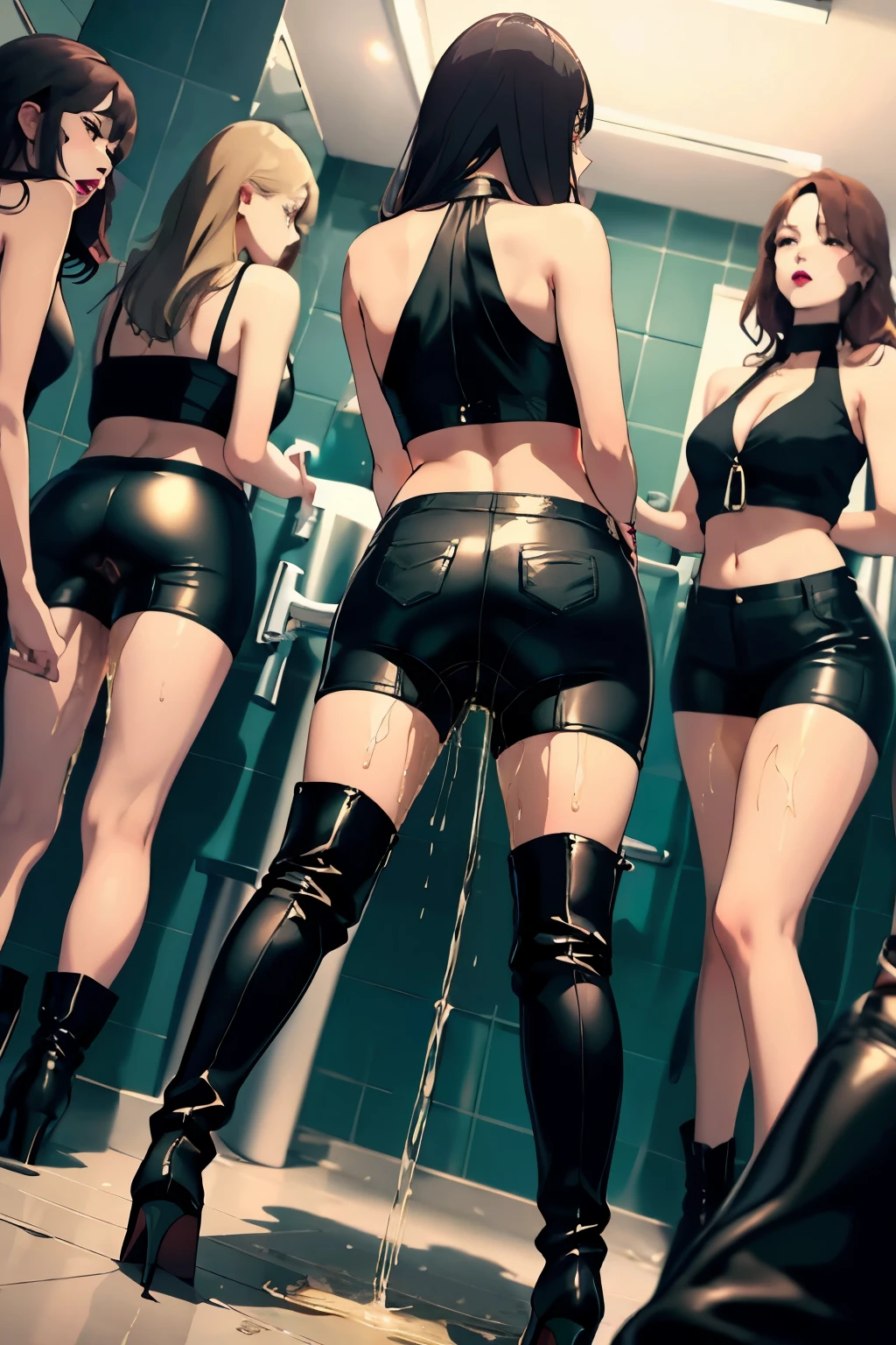 anime, best quality, high quality, highres, beautiful women, high detail, good lighting, lewd, hentai, (((bike shorts))), (leather halter top), (bare midriff), (cameltoe), (((leather thigh high heel boots))), (wet shorts), (((wetting herself))), (((peeing herself))), (((peeing self))), (pee streaming down legs), peeing stain, (puddle), (thick thighs), nice long legs, lipstick, detailed face, pretty face, humiliated, embarrassed, ((outdoors waiting for bathroom with line of women in queue)), hihelz, ((showing off butt))