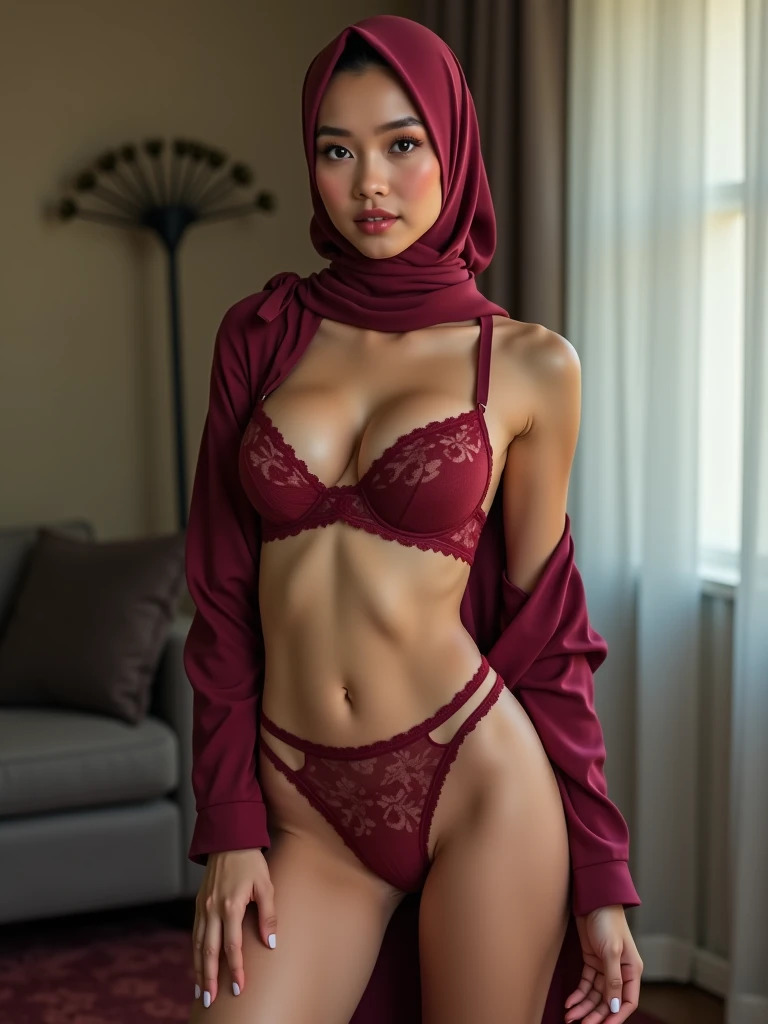 ((Realistic lighting, Best quality, 8K, Masterpiece: 1.3)), Clear focus: 1.2, 1 malay girl, Perfect body beauty: 1.4, Slim abs: 1.1, ((light red hijab, breasts: 1.1)), (Wearing ultra-thin light red transparent underwear: 1.1, light red stockings: 1.2,), (Outdoor, night: 1.1), City streets, Super fine face, fine eyes, double eyelids, hands on the head, lying on the bed.