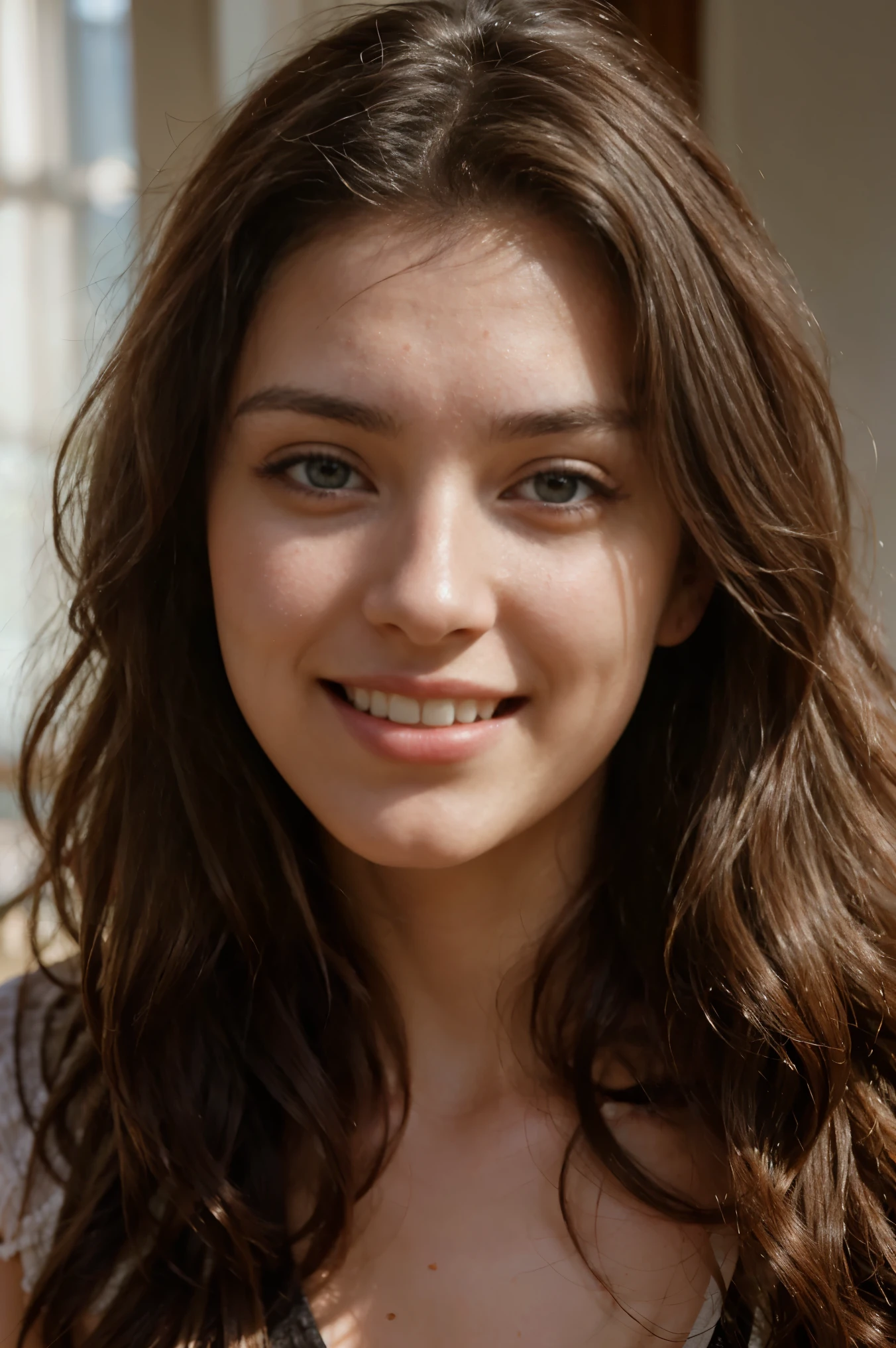 beautiful 20 year old woman, (perfect body) 170cm tall, 60kg weight, white skin, long curly dark hair, light gray eyes, natural morning light, realistic portrait, very detailed, analog style, (((close up of face)) laughing, front view