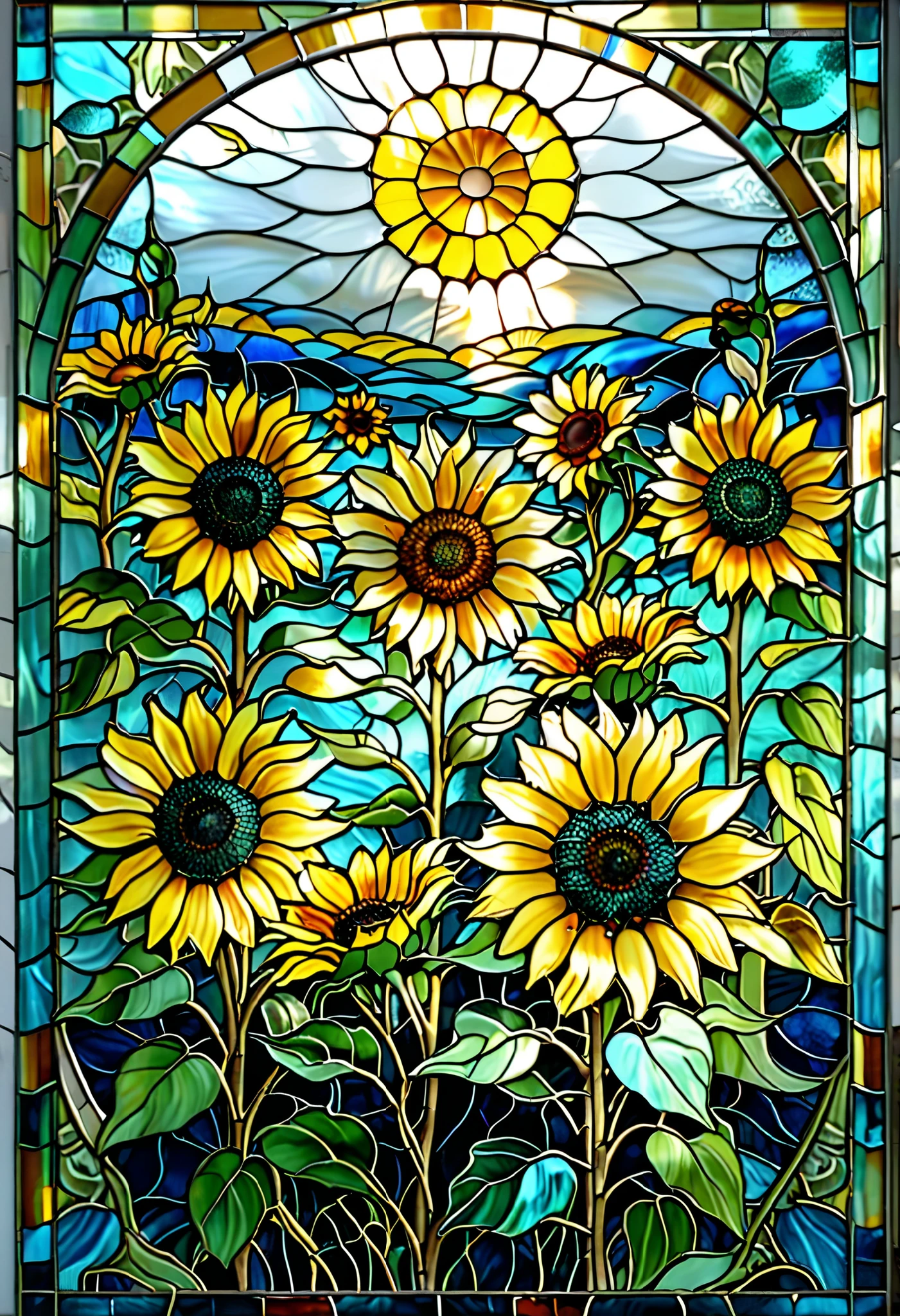 beautiful stained glass style of sunflowers 。 close-up。 delicate details and vivid colors 。The petals are golden yellow with a subtle orange gradation。 Leaves and stems are vibrant green 、 Soft light penetrates 。 is applied, and the background consists of blue or turquoise mosaic glass with the image of the sky、 creates a fantastic atmosphere 。Graceful composition 、 Dynamic curves and harmonious flower arrangement 。 High precision、 high res、 artistic style 、 Realistic Lighting 、 stained glass window-like effects 。