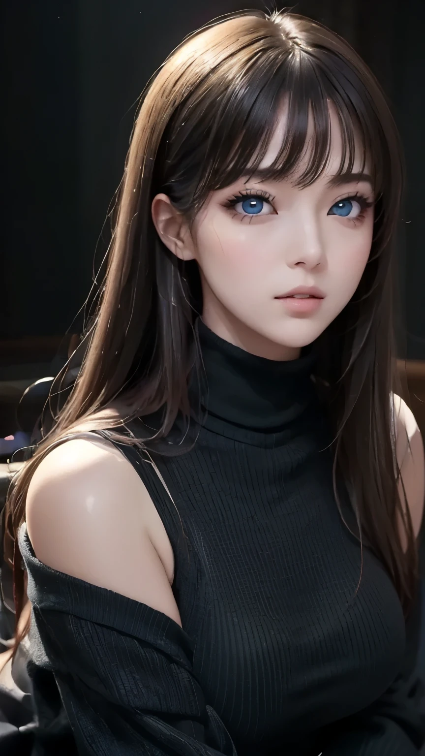 masterpiece, highest quality, Super detailed, Facing the camera, Super detailed, Realistic, Sharp features, Very detailed, Sharp focus, Perfect Face, Perfect Face, Perfect symmetrical perfect eyes, Perfect Plump Lips, Flexible female form, Cinematic, Film Light, Super detailed, hyper Realistic, masterpiece, Atmospheric, High resolution, Vibrant, Dynamic Studio Lighting, ((Dark Background)), The expression when enduring pleasure, Straight bangs, blue eyes,Black sweater, Cowboy Shot,turtleneck、first round、Sexually aroused expression