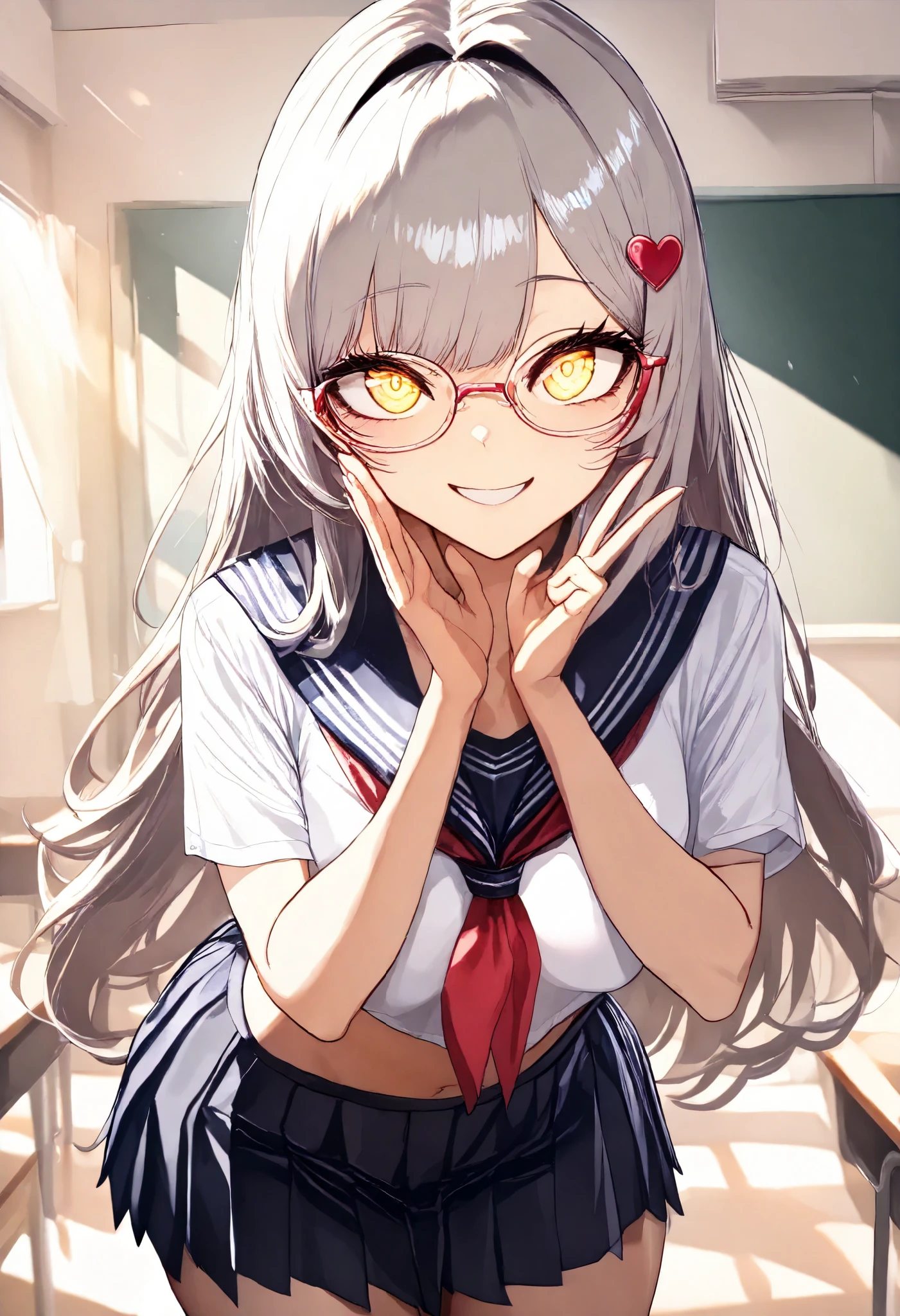 1girl, solo, female focus, long hair, glowing eyes, hair ornament, detailed, teasing, sexy, cute, masterpiece, best quality, handjob gesture, cum drippig from mouth, feallatio gesture, medium breasts, serafuku, glasses, cum on face, cum on breasts,cum, teasing, sexy, cute, blushing, twintails, tongue out, cum