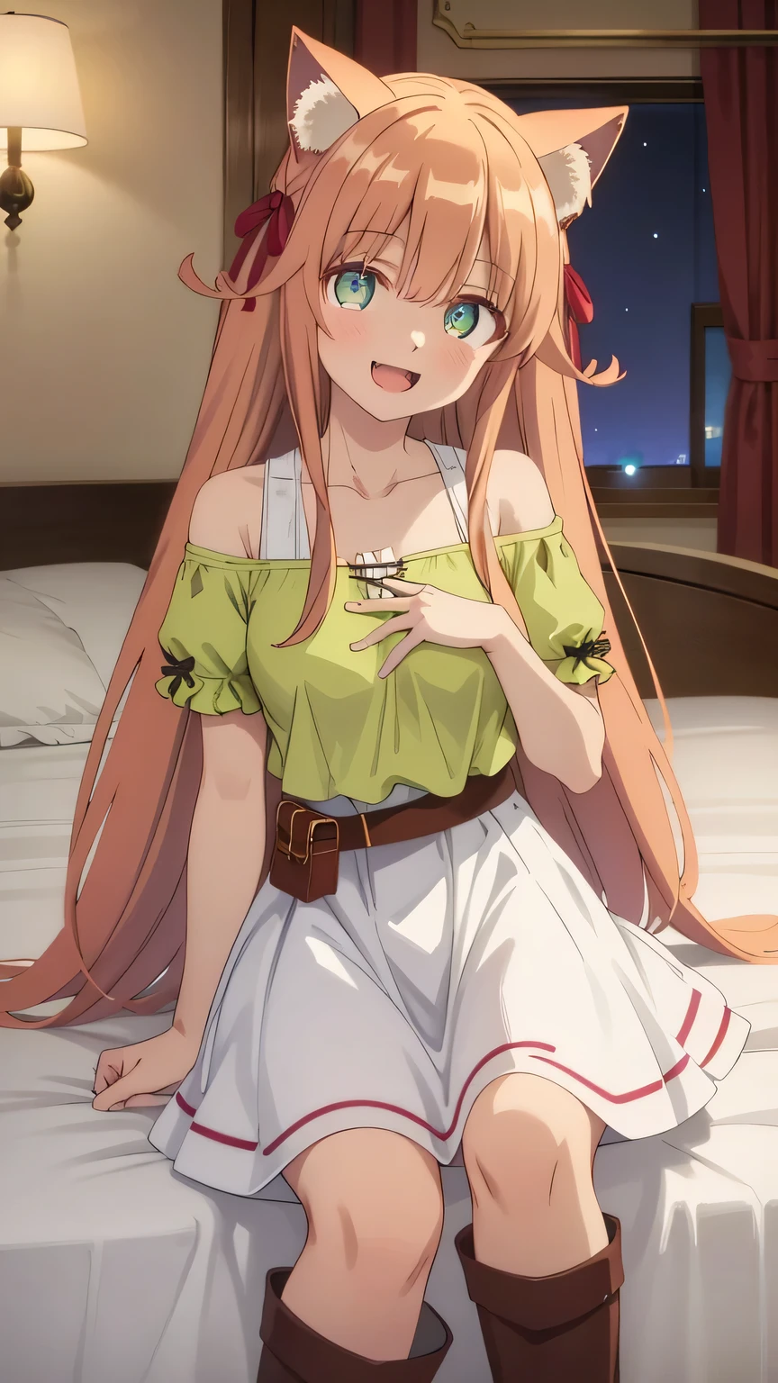 {{{masterpiece}}}, (best quality:1.5), (ultra-detailed:1.5), {illustration}, {{an extremely delicate and beautiful}}, (beautiful detailed eyes:1.6), absurdres, highres, extremely detailed face, 16k, hd, visual anime de uma jovem mulher, extremamente bonito rosto de anime, anime melhor garota, (perfect hands, perfect anatomy), anime face, Kanade(Beast Tamer), kanade, cute face, cat girl, cat ears, light brown hair, very long hair, bangs, sidelocks, red hair ribbon, Big eyes, green eyes,(High resolution eyes, Beautiful eyes, Light in the eyes), medium breasts, big hips, curvaceous, cat tail, BREAK, shoulderless shirt, off-shoulder shirt, clavicle, short sleeves, puffy sleeves, white dress, green shirt, brown belt, pouch, white skirt, medium skirt, long boots, brown boots, BREAK, night, indoor, bedroom, on the bed, window, moonlight, open mouth, smiling, confession, embarrassed, flushed cheeks,from front, looking at viewer, dark room, covering chest by one hand, knees together feet apart, sit