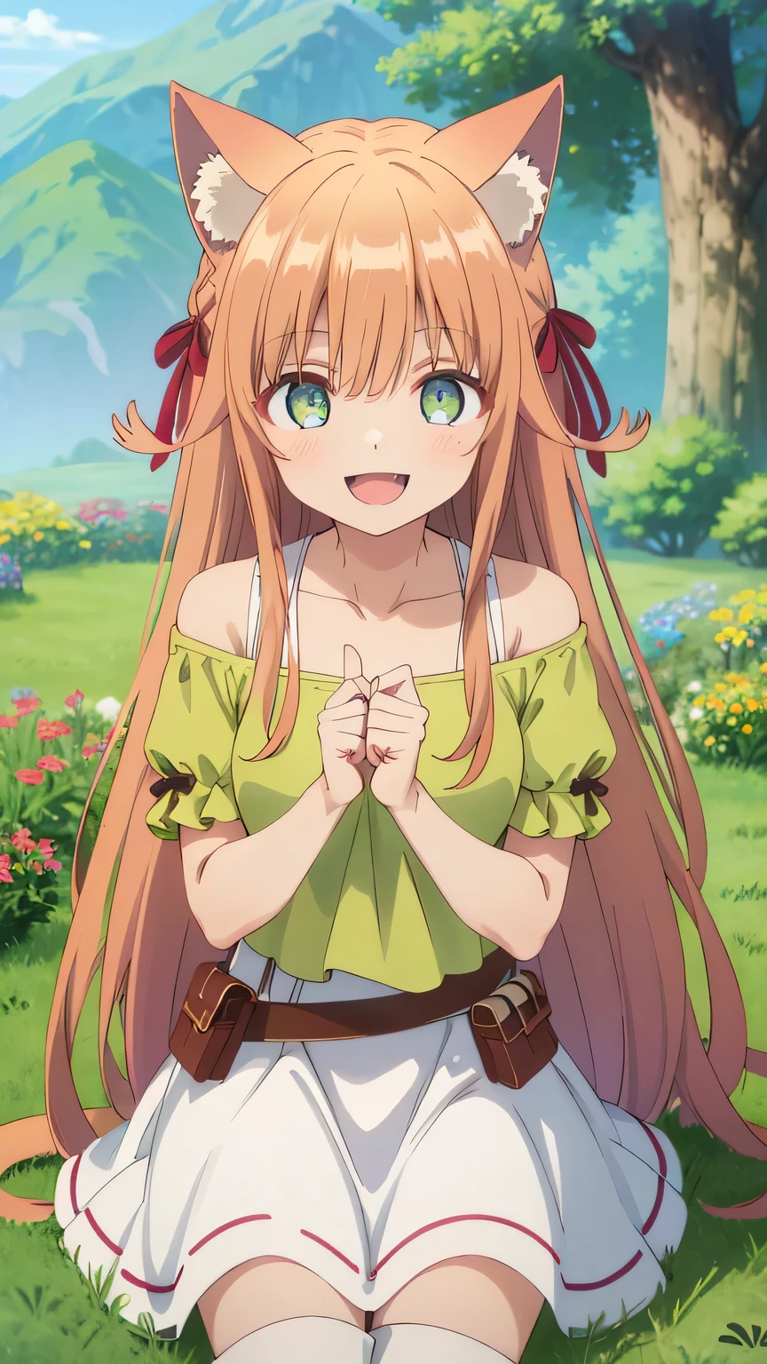 {{{masterpiece}}}, (best quality:1.5), (ultra-detailed:1.5), {illustration}, {{an extremely delicate and beautiful}}, (beautiful detailed eyes:1.6), absurdres, highres, extremely detailed face, 16k, hd, visual anime de uma jovem mulher, extremamente bonito rosto de anime, anime melhor garota, (perfect hands, perfect anatomy), anime face, Kanade(Beast Tamer), kanade, cute face, cat girl, cat ears, light brown hair, very long hair, bangs, sidelocks, red hair ribbon, Big eyes, green eyes,(High resolution eyes, Beautiful eyes, Light in the eyes), medium breasts, big hips, curvaceous, cat tail, BREAK, shoulderless shirt, off-shoulder shirt, clavicle, short sleeves, puffy sleeves, white dress, green shirt, brown belt, pouch, white skirt, medium skirt, long boots, brown boots, BREAK, smiling, looking at viewer, open mouth, flushed cheeks, (bust shot:1.3), outdoor, mountain, daytime, forest, flower garden, field, medium close-up shot