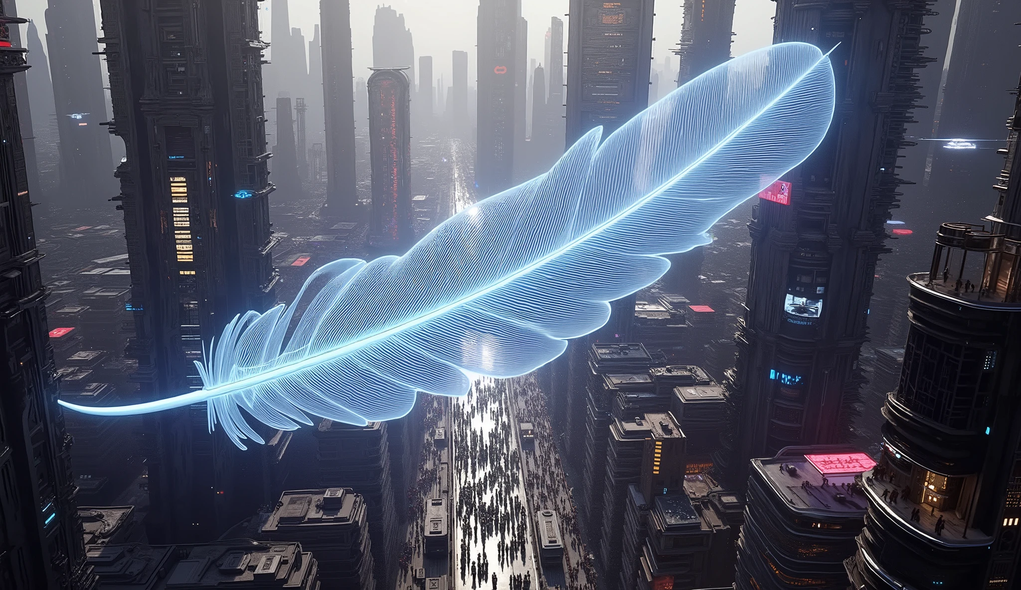 A holographic bird feather floating above a futuristic and chaotic city, with flying vehicles, crowded streets .