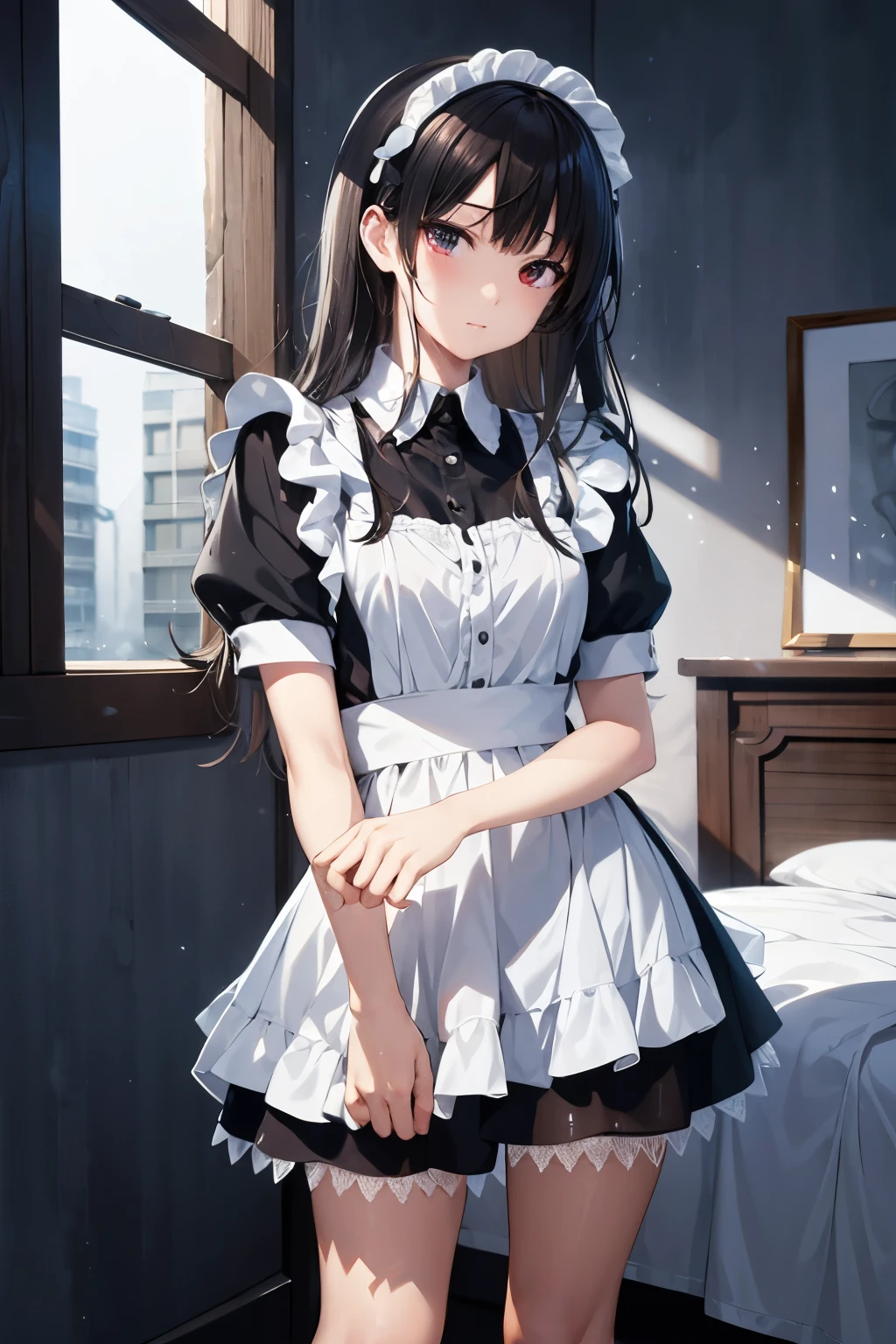 ( masterpiece), top quality, Hi-Res, Details, Details, perfect lighting, Abandoned sparkling, bedroom , one girl, small, viewers , small, black and white Maid Uniform , shy, Hosoda Momo , sheer, wet, miniskirt, detailed beautiful face, detailed skin, detailed clothes, detailed eyes,
