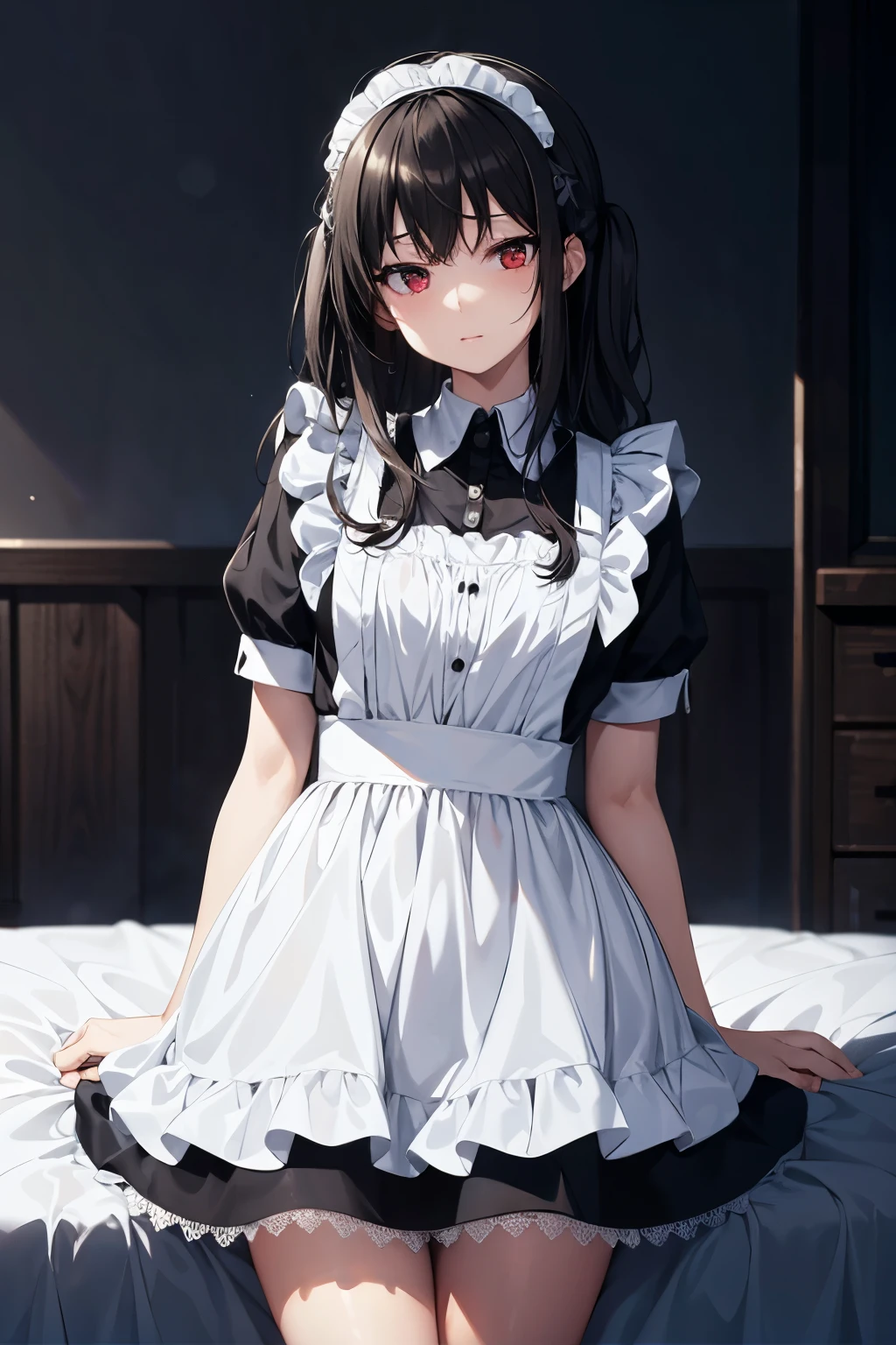 ( masterpiece), top quality, Hi-Res, Details, Details, perfect lighting, Abandoned sparkling, bedroom , one girl, small, viewers , small, black and white Maid Uniform , shy, Hosoda Momo , sheer, wet, miniskirt, detailed beautiful face, detailed skin, detailed clothes, detailed eyes,