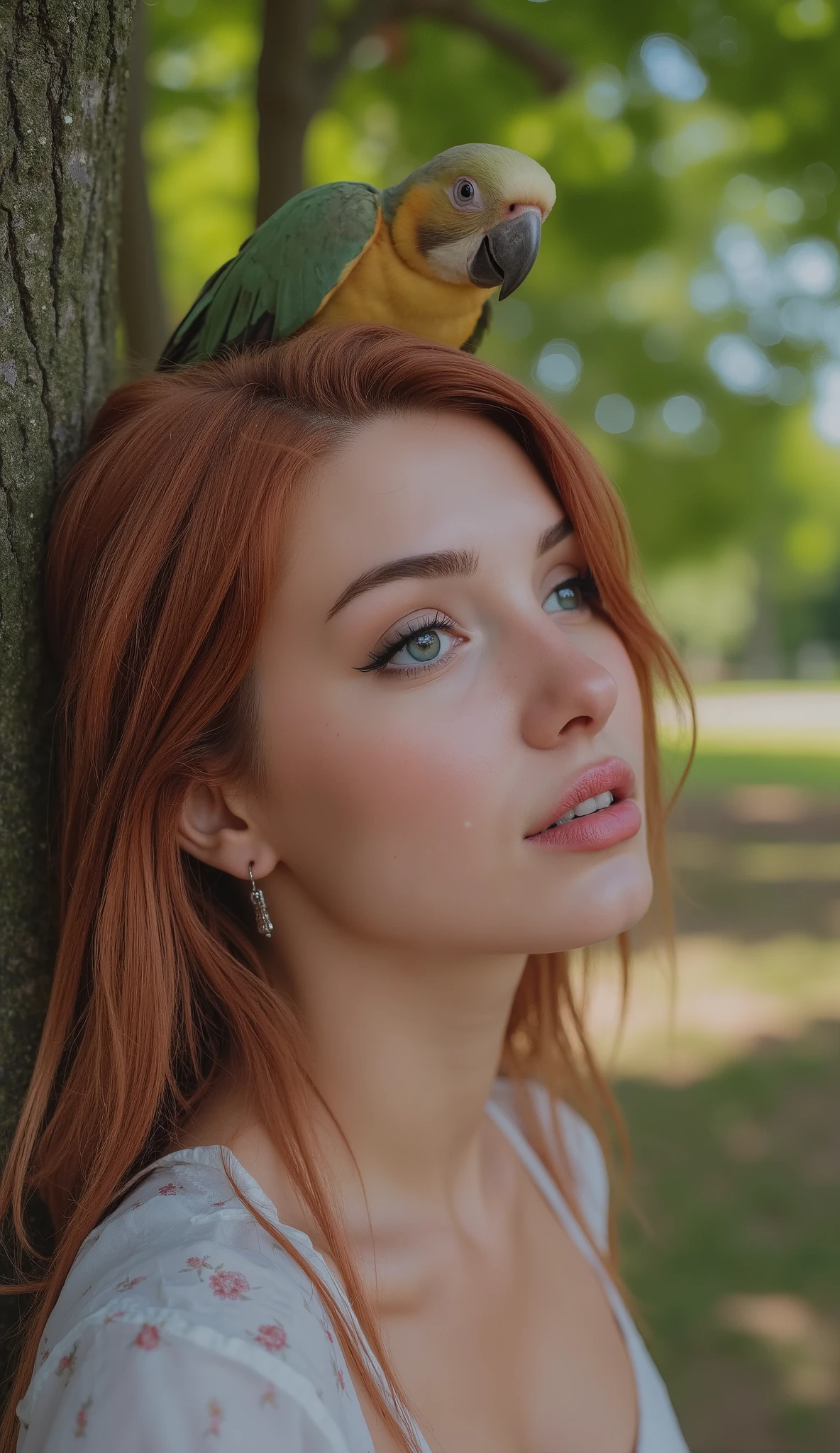 Beautiful Girl, Perfect Figure, Beautiful Detailed Face, Blue Eyes, Jewelry, Sexy Blouse, In Park Near Tree, Very Detailed, High Detail, Best Quality, High Resolution, sexy, Orgasm, I opened my mouth, in panties, pleasure, She is in pain, Loses consciousness, Parrot