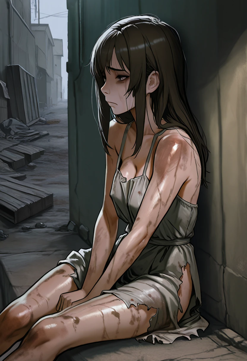 Make a woman, curly and voluminous brown hair, thin, disheveled, sad, tired and haggard. Brown eyes. Wearing a brown, torn and dirty dress, inside a dirty and dark prison cell, with nothing inside, lying on the dirty floor. With tears in my eyes. Sad look.
Front view of woman.
