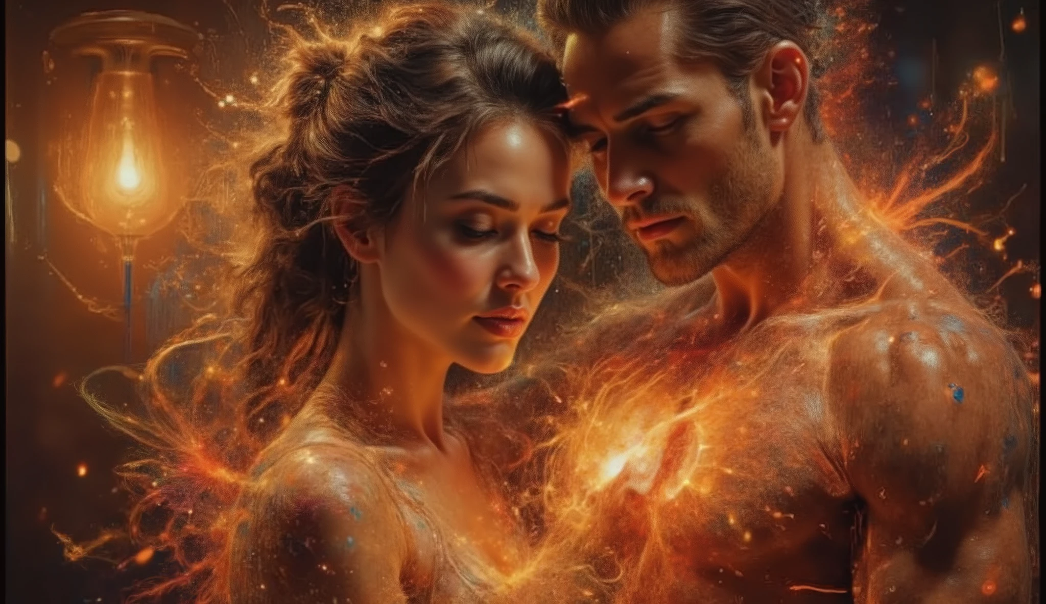 A close-up, intimate portrait of a beautiful woman nestled in the strong embrace of a man. Her head rests gently against his chest, her hand placed softly over his heart. Her face, illuminated by warm, golden light, radiates deep satisfaction and security. The man's muscular arms wrap around her protectively, his presence felt but his face unseen. The background is blurred, evoking a sense of warmth, love, and peaceful serenity.  
