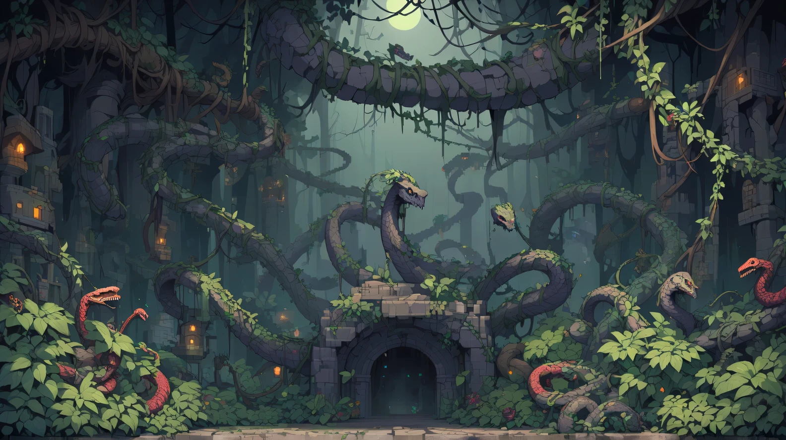 Retro video game style, pixelated, vibrant colors, 8-bit characters, blocky shapes, sharp lines, detailed shading, classic gaming vibe, nostalgic atmosphere, classic arcade games. Masterpiece:1.2, ultra-detailed, illustration style. 2Dvideo game texture, (dark fantasy)
game tiles, tileable texture
Very detailed texture
stone texture, 4K seamless forest texture, , jungle texture.
(magical dreadful jungle:1.7) ((bushes and vines)) ((roots, big leaves, plants, purple and green flowers:1.1))
((dark light)) ((dark evil atmosphere, dark:1.4)) ((lots of dead trees and roots:1.0)
(front view:1.4), (outdoors:1.5) (close up:1.2) ((full of evil snakes and cobras:1.2)