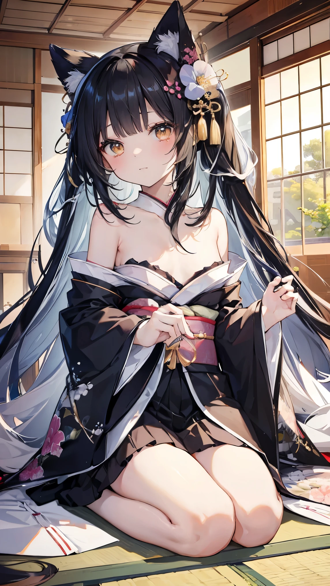 15-year-old girl、(Black Hair、Slightly thin body、Thin limbs、One closed eye、Lowered eyebrows)、Bare chest、bra、kimono(Black or white、Wearing a sash)、Loincloth、Right hand massaging the chest
