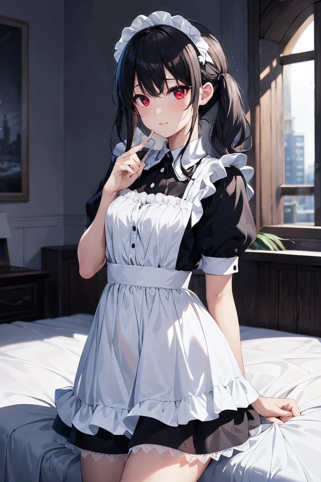 ( masterpiece), top quality, Hi-Res, Details, Details, perfect lighting, Abandoned sparkling, bedroom , one girl, small, viewers , small, black and white Maid Uniform , shy, Hosoda Momo , sheer, wet, miniskirt, detailed beautiful face, detailed skin, detailed clothes, detailed eyes, sparkling red eyes,