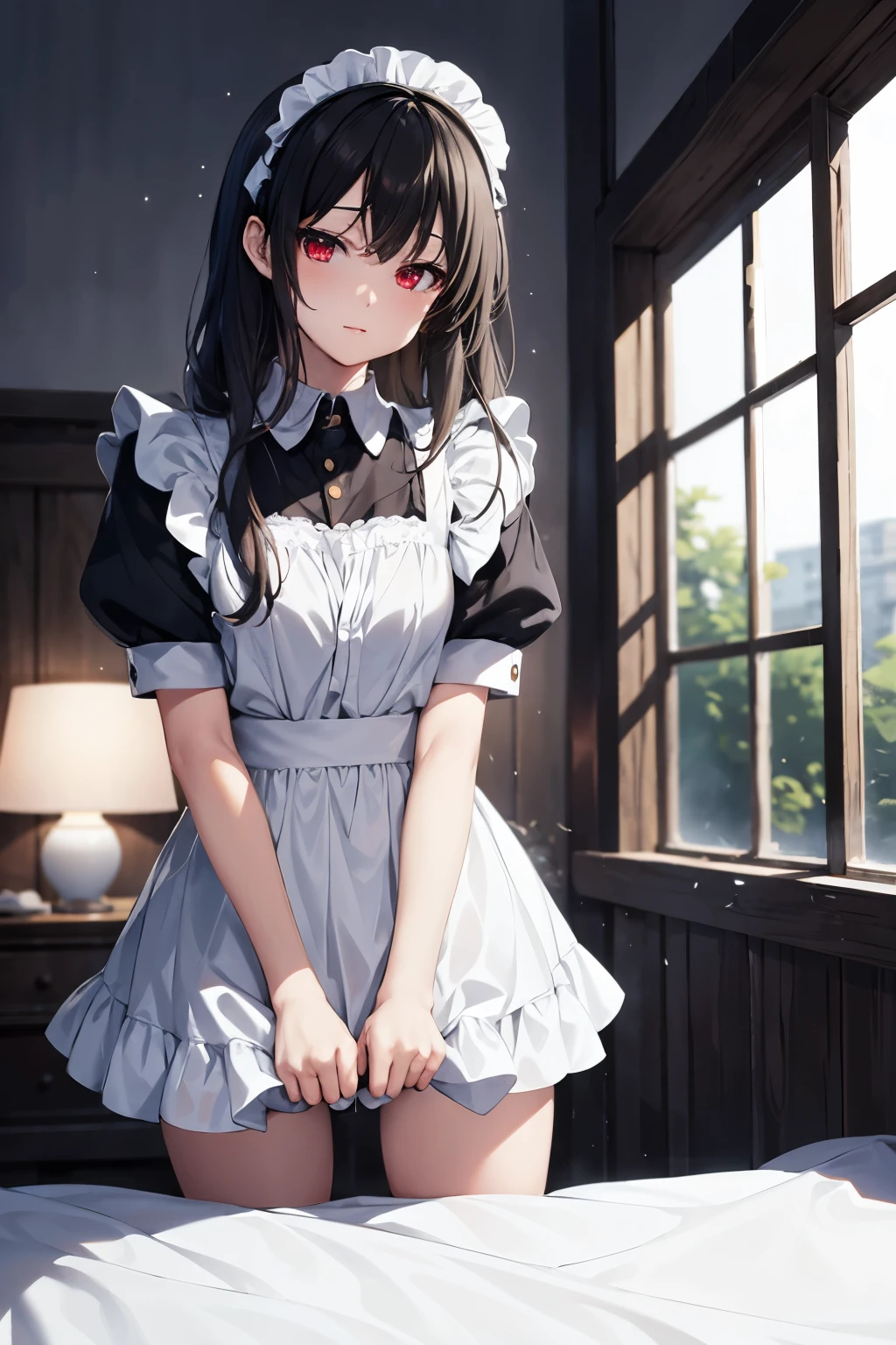 ( masterpiece), top quality, Hi-Res, Details, Details, perfect lighting, Abandoned sparkling, bedroom , one girl, small, viewers , small, black and white Maid Uniform , shy, Hosoda Momo , sheer, wet, miniskirt, detailed beautiful face, detailed skin, detailed clothes, detailed eyes, sparkling red eyes,