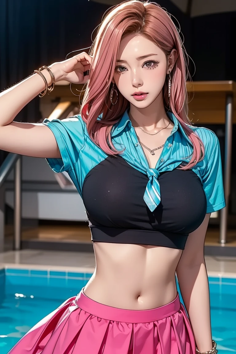 1girl, BREAK ((colorful, multicolor, vivit) theme:1.4), (a tie-dyed pattern tops with flashy colors reminiscent of a tropical vacation:1.3), (long bell sleeve knot front shirt witn tie-dyed pattern:1.5), (express gradation using many bright colors:1.3), ((bare stomach, navel):1.3), ((collarbone, emphasize cleavage):1.3),BREAK (white theme:1.2), (tight white cropped pants:1.4), BREAK (earrings:1.3), , appealing cleavage,( beautiful tattoo:1.2), overhead view, beautiful detailed eyes, beautiful detailed lips, extremely detailed eyes and face, long eyelashes, feminine charm, detailed texture, snug fit, fashionable, soft fabric, radiant skin, (best quality,4k,8k,highres,masterpiece:1.2), ultra-detailed, (realistic,photorealistic,photo-realistic:1.37), tamaki