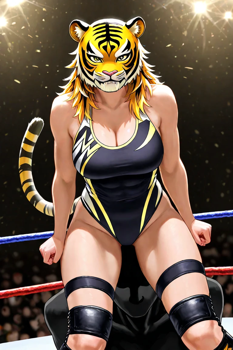 Detailed image, High quality, 4K, detailed face, portrait, anime style, single female tiger, furry, Fluffy fur, beautiful blonde hairstyle, in so expensive sexy boxing outfit with badass patterns, in black boxing gloves, in sport stockings, standing in the gym near the boxing ring,