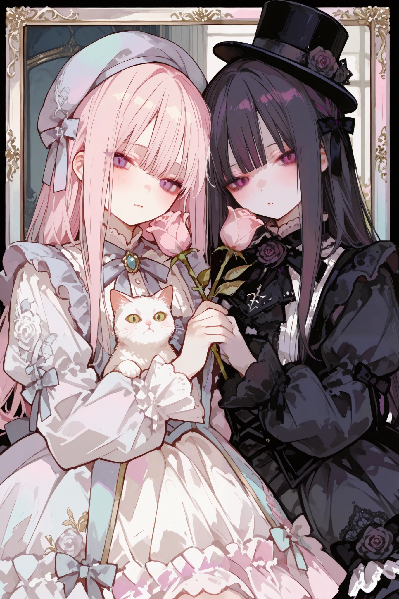 ,748cmstyle,trk,dark gothic,pastel,gothic ta fashion, twin girls, one in white dress, one in black dress, intricate lace and frills, victorian-inspired attire, holding large roses, cute gothic dolls, black cat with top hat, white cat with hat, pastel color scheme, elegant and detailed outfits, soft expressions, contrasting dark and light themes, vintage frame, whimsical atmosphere, fantasy style, kawaii aesthetic, delicate accessories, magical vibe