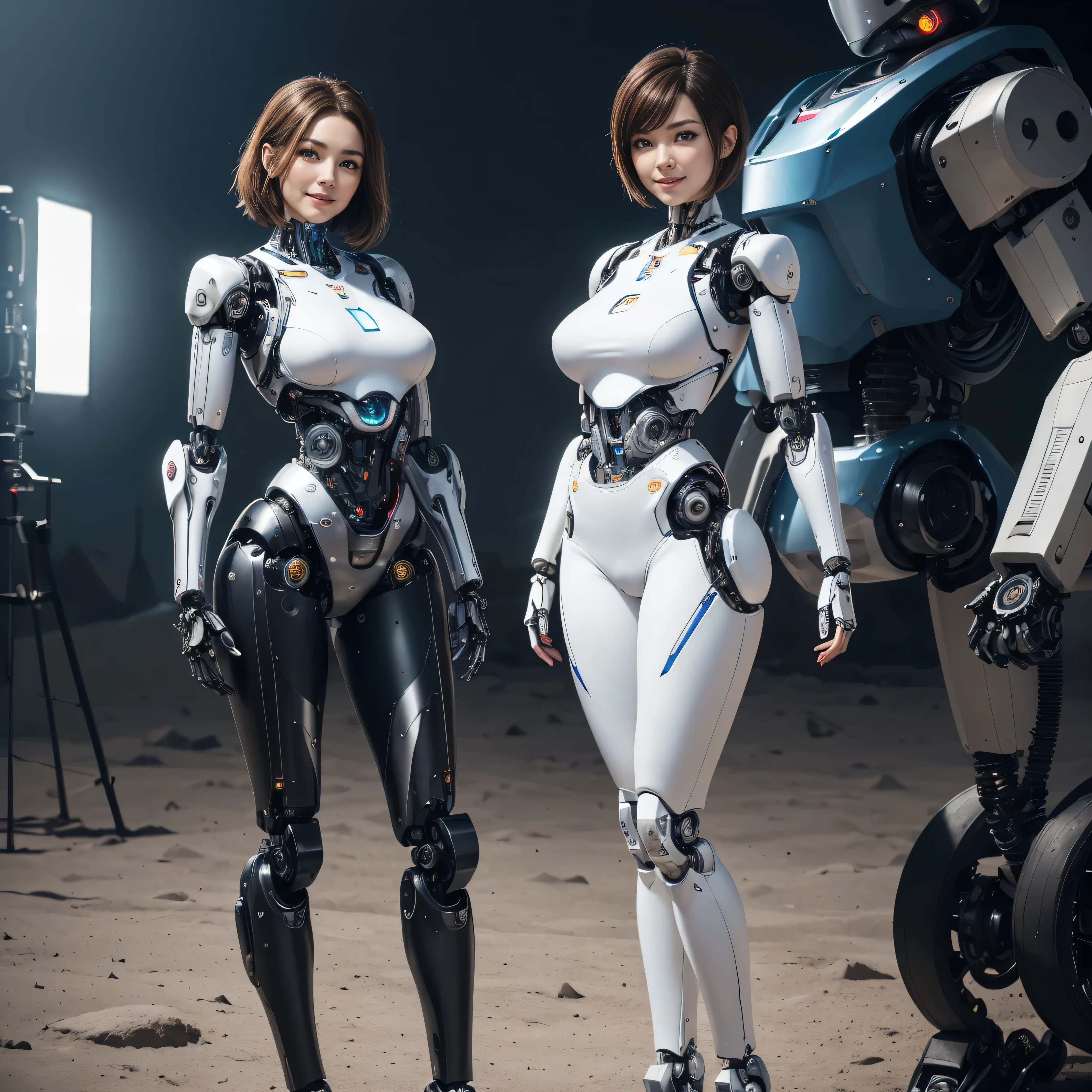 (Muscular:2), (thick thighs:1), (large round breasts:1), (large muscular chest and shoulders:1.4), FEMALE, brown hair, long brown hair, (big smile:0), (tight mecha arm, cute cyborg, high heels:1.5), looking at viewer, (three quarter view:1.2), upper body view, (white futuristic laboratory room:1.5), dark lighting, detailed skin, detailed eyes, (dark skin:1.4), (very thin waist:1.3), (huge round muscles:1.5),