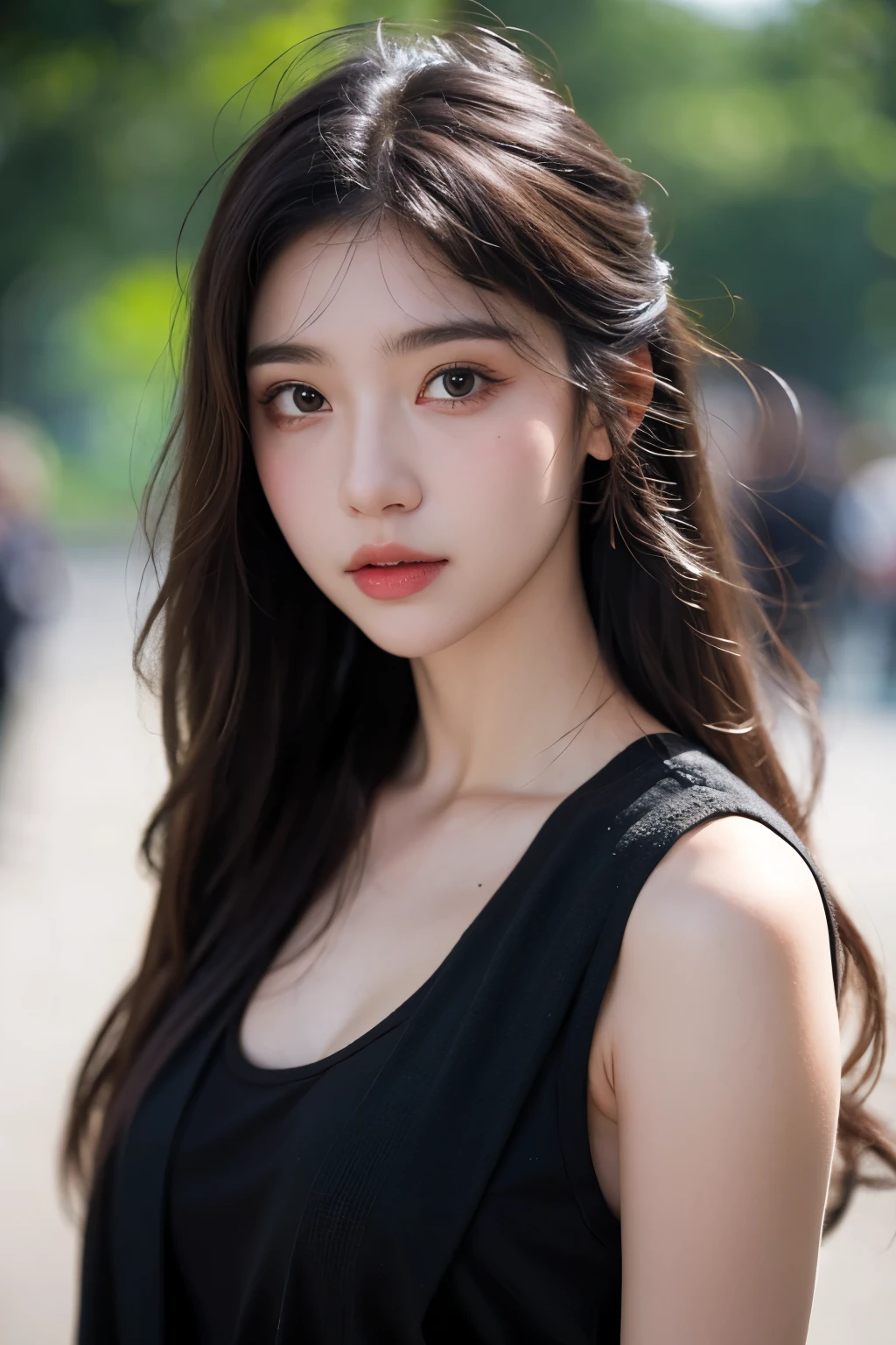 Best Quality, masutepiece, 超A high resolution, (Photorealistic:1.4), Raw photo,1girl in, Solo, Realistic, Lips, Black hair, Looking at Viewer, Black eyes, 牙, Long hair, Hair over one eye, Parted lips, Nose, close-up, Brown hair, Simple background, Brown eyes, Black Dress, off shoulders,Selfie wind, have a smartphone