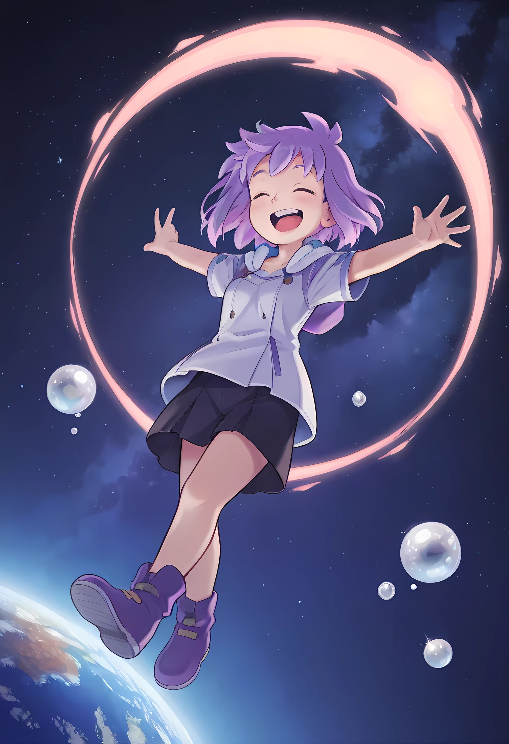 Zoe wearing her normal clothes ,  floating in the starry night sky, A comet passing in the background, Planet Earth right on the right ,  several soap bubbles around the scene and Zoe popping one of the bubbles with her finger and smiling happily with her eyes closed, 