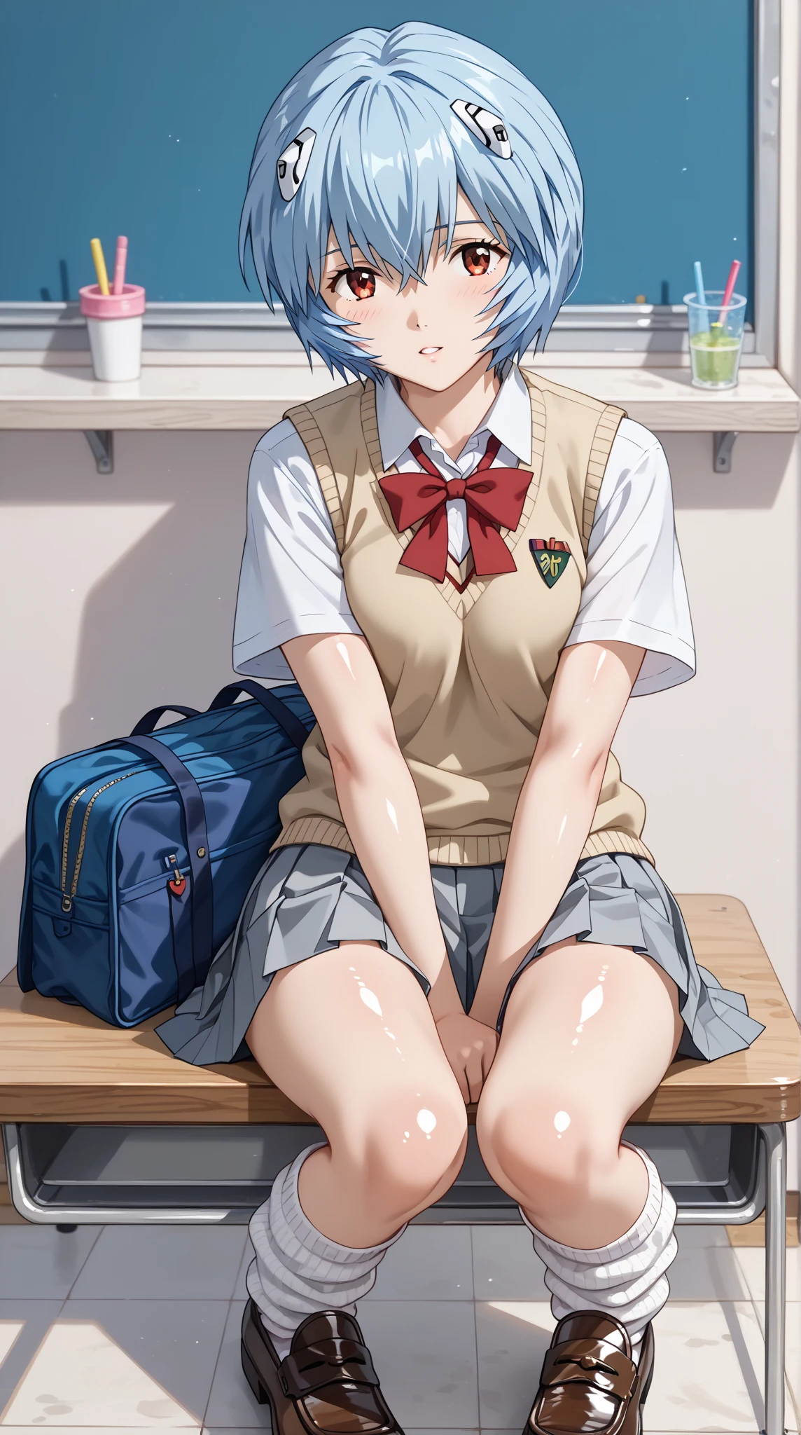 1 rapariga, Ayanami, evangerion, 8K, top-quality, 校服, ‎Classroom, kindly smile, sit a chair, looking outside the window, Dusk light, detaileds、a miniskirt、I-Cup Bust、Big butt、((Generate images that always show the bust))、Beautiful nipples、thick thighs、Ecstatic look、It feels so good&#39;I can&#39;I can&#39;I can&#39;t help but breathe、grab the bust、((Raise one leg and show genitals))、thick thighs、large udder、Wet female genitalia、Beautiful nipples、Erect nipples、Spread the female genitalia with your fingers、Squat and open your legs、Insert the vibrator into the female genitalia、large udder、little fat body、Clothes are wet and see-through、plump udder、sky blue thin pubic hair、Show me your female genitalia、Show me your nipples、Shirt with unbuttoned chest、lift your skirt and show your genitals、Please lift your skirt and show me your butt、