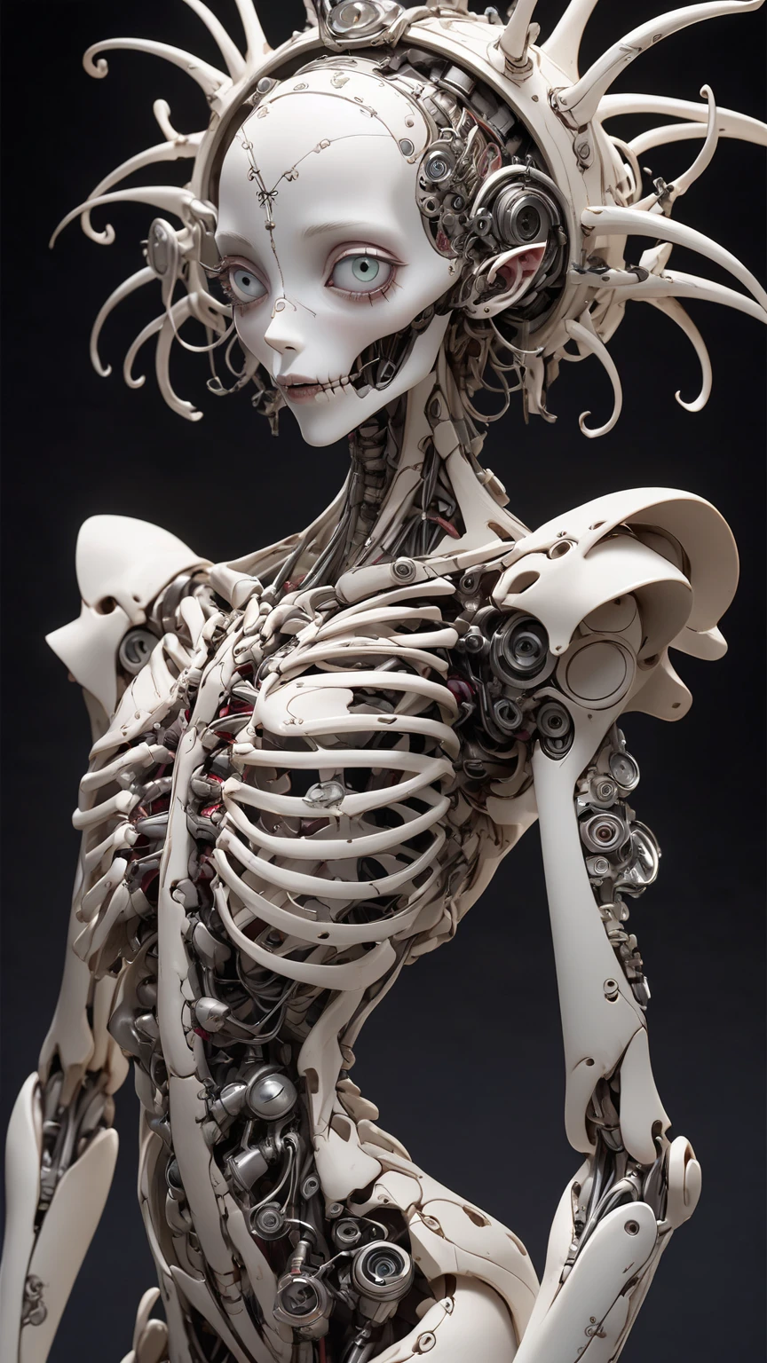 complex 3d render ultra detailed beautiful death angel, biomechanical cyborg, analog 150 mm lens, beautiful natural soft rim light, neon vein, roots, fine foliage lace, colorful details, Boris Bidjan Saberi outfit, pearl earrings, piercing, art nouveau fashion embroidered, intricate details, mesh wire, mandelbrot fractal, facial muscles, cable wires, microchip, badass, hyper realistic, ultra detailed, octane render, volumetric lighting, 8k post-production, red and white with a bit of black, detailled metalic bones, semi human, iridescent colors, Glenn Brown style, futuristic room, power of the god, high-angle shot, complex body poses