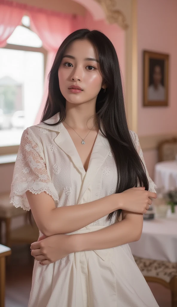 A perfect young female white-collar worker，Chinese，High picture quality，Works of masters，Black hair，Long hair flowing over the shoulders，Blured background，outside, deep shadow, Real Human，CG rendering，16k，Stand up，Empty interior，Do not show your hands，Close-up shot